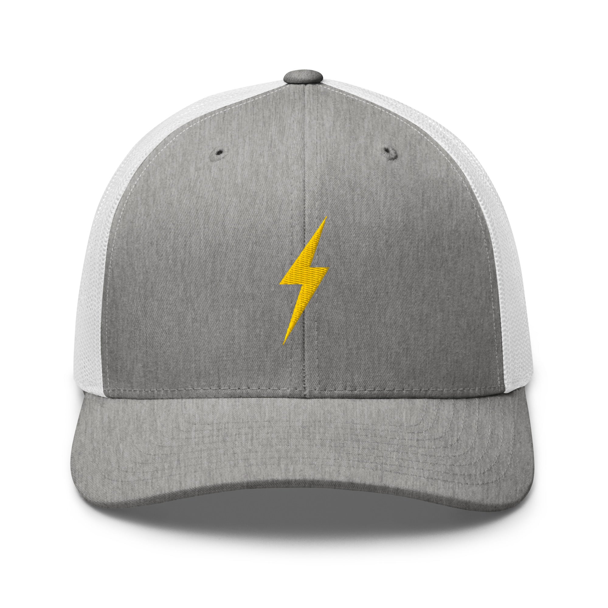 Grey and white trucker hat with a yellow lightning bolt design on front panel