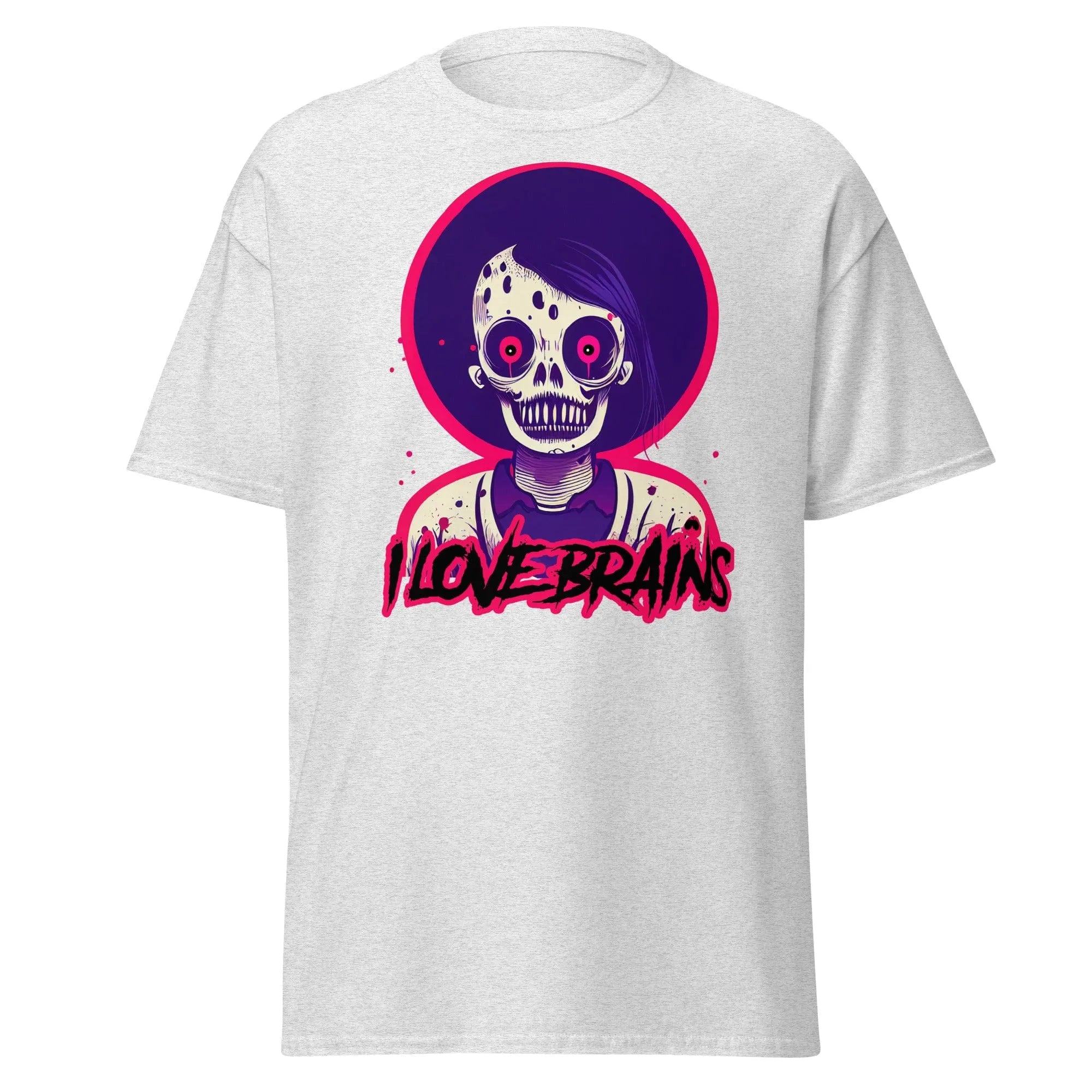 I Love Brains ash Halloween T-shirt features a cartoon zombie with I LOVE BRAINS in stylized letters below the image.
