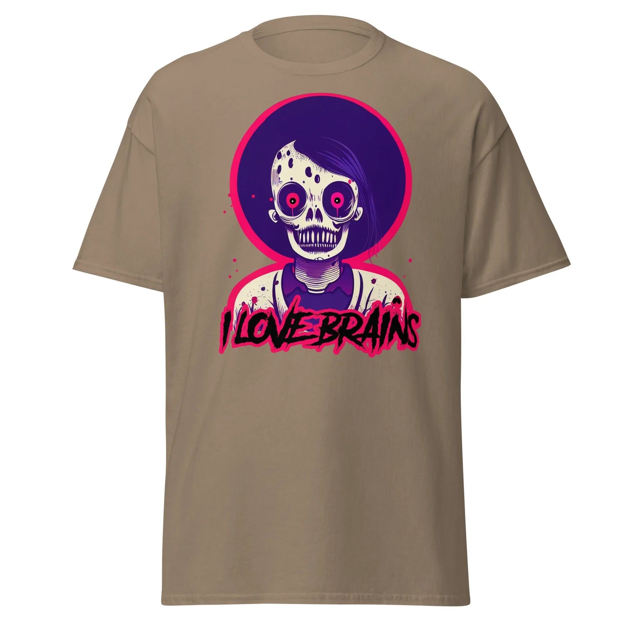 I Love Brains brown Halloween T-shirt features a cartoon zombie with I LOVE BRAINS in stylized letters below the image.