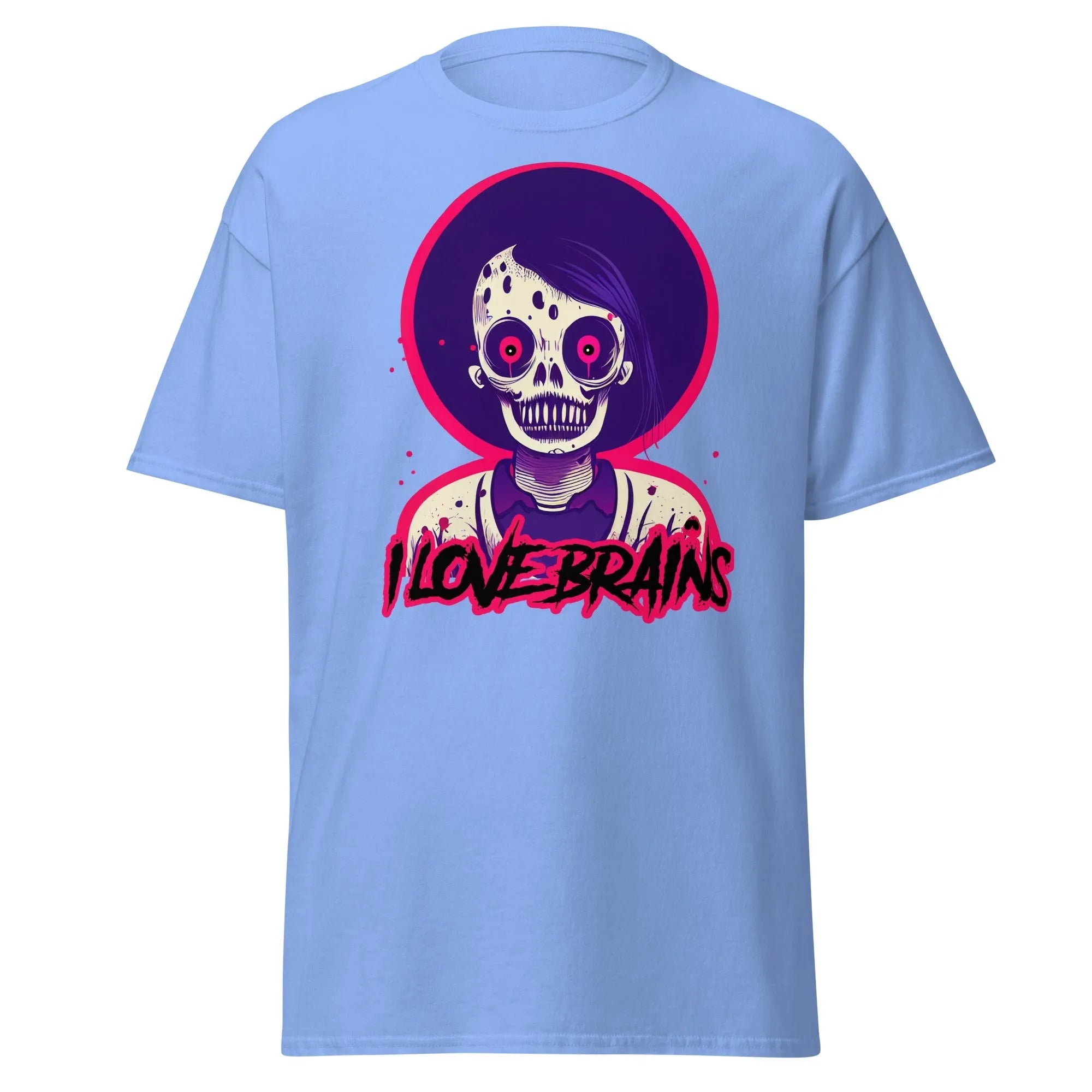 I Love Brains carolina blue Halloween T-shirt features a cartoon zombie with I LOVE BRAINS in stylized letters below the image.