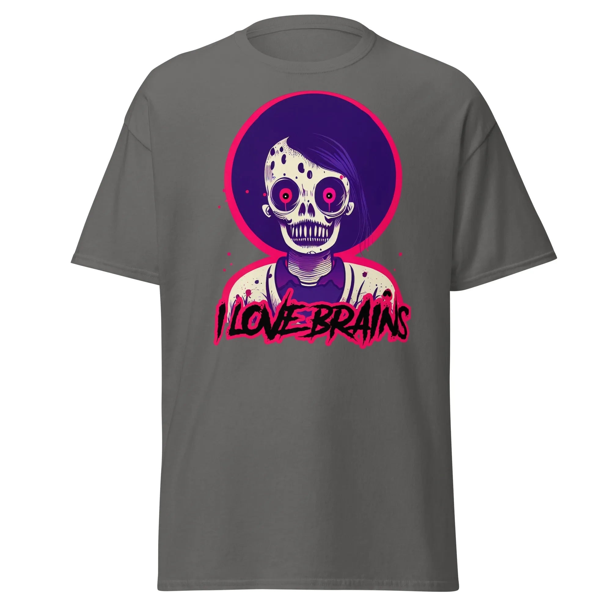 I Love Brains charcoal Halloween T-shirt features a cartoon zombie with I LOVE BRAINS in stylized letters below the image.