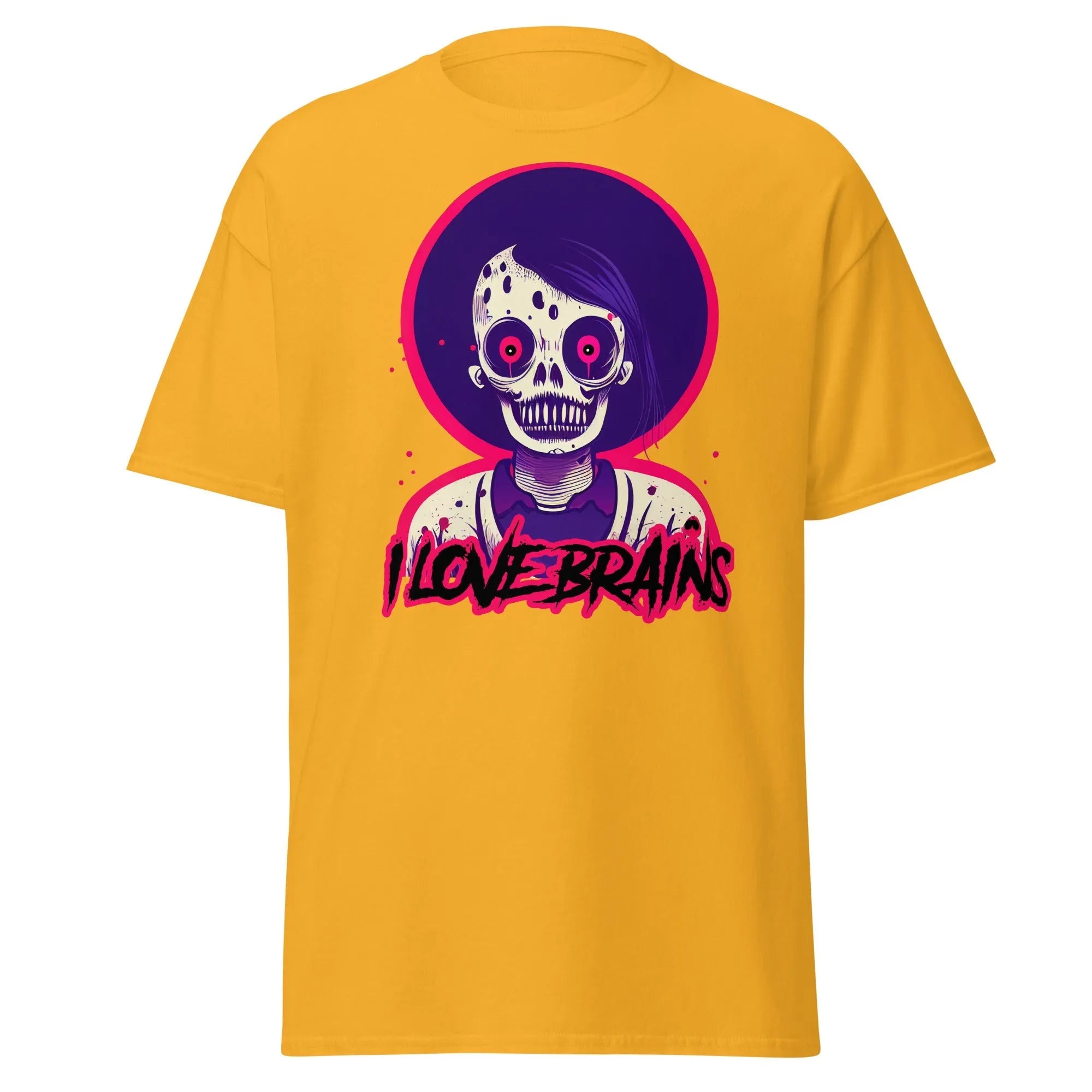 I Love Brains gold Halloween T-shirt features a cartoon zombie with I LOVE BRAINS in stylized letters below the image.