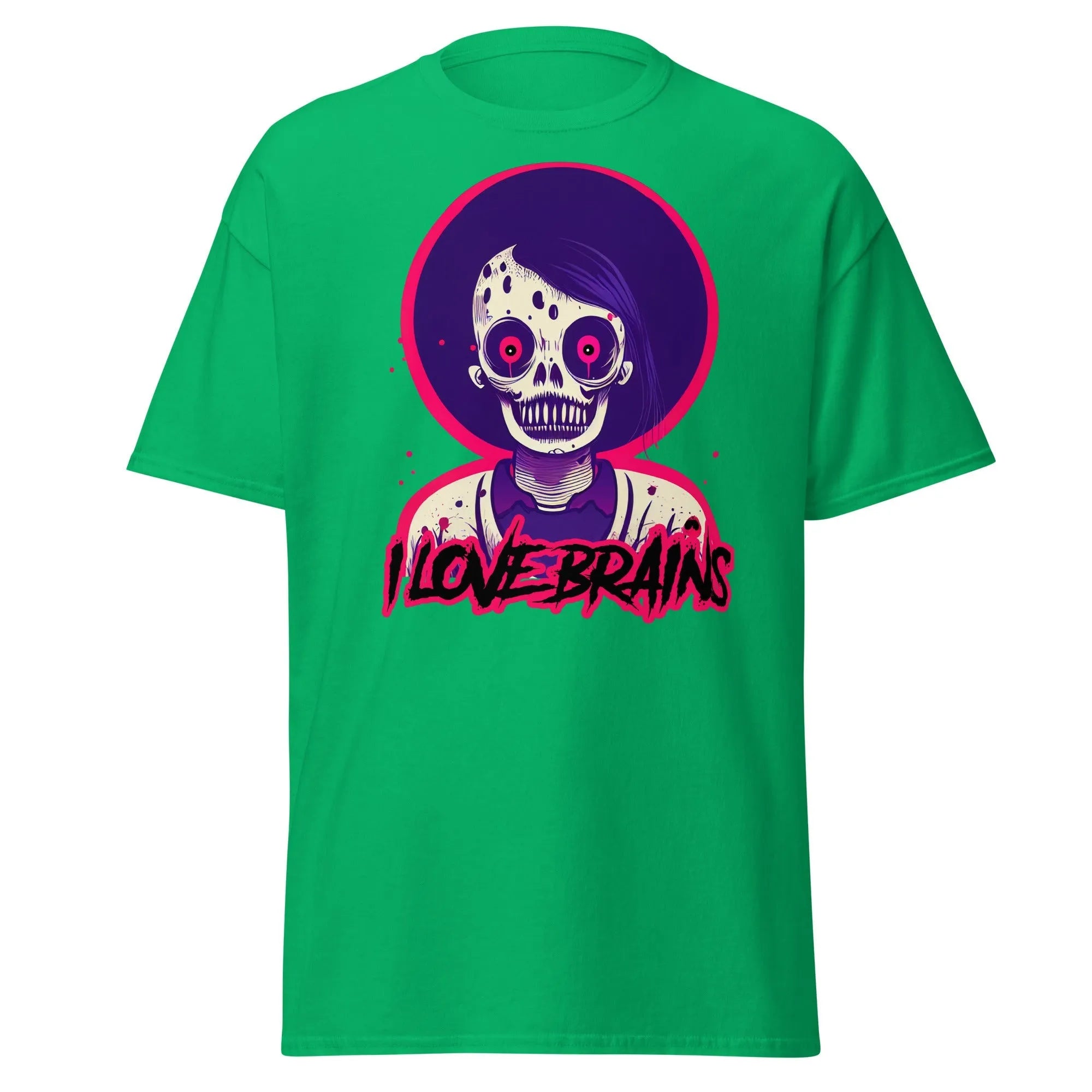 I Love Brains green Halloween T-shirt features a cartoon zombie with I LOVE BRAINS in stylized letters below the image.
