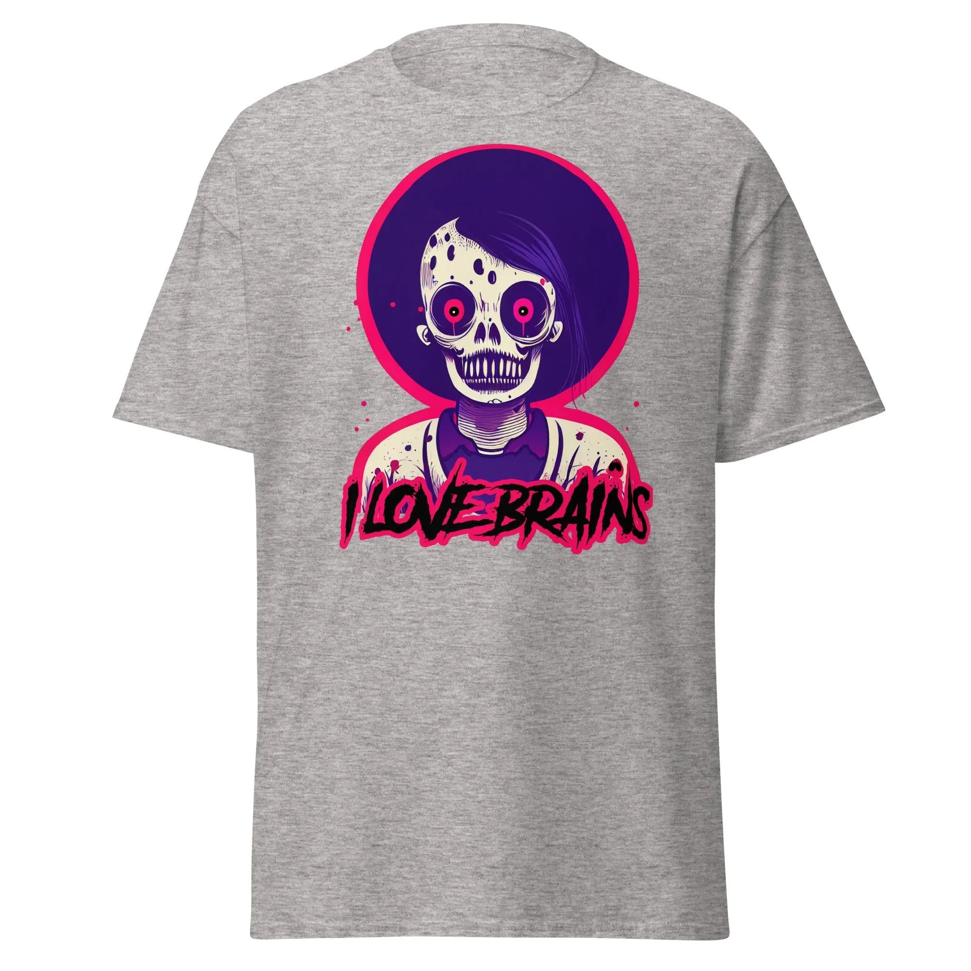 I Love Brains grey Halloween T-shirt features a cartoon zombie with I LOVE BRAINS in stylized letters below the image.