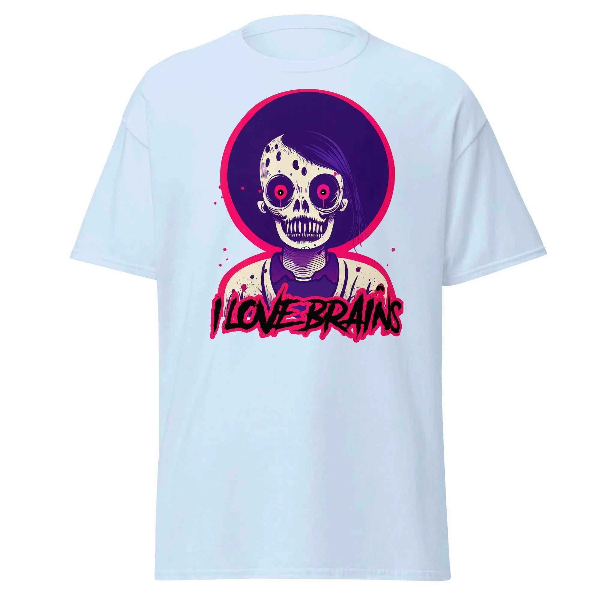 I Love Brains light blue Halloween T-shirt features a cartoon zombie with I LOVE BRAINS in stylized letters below the image.