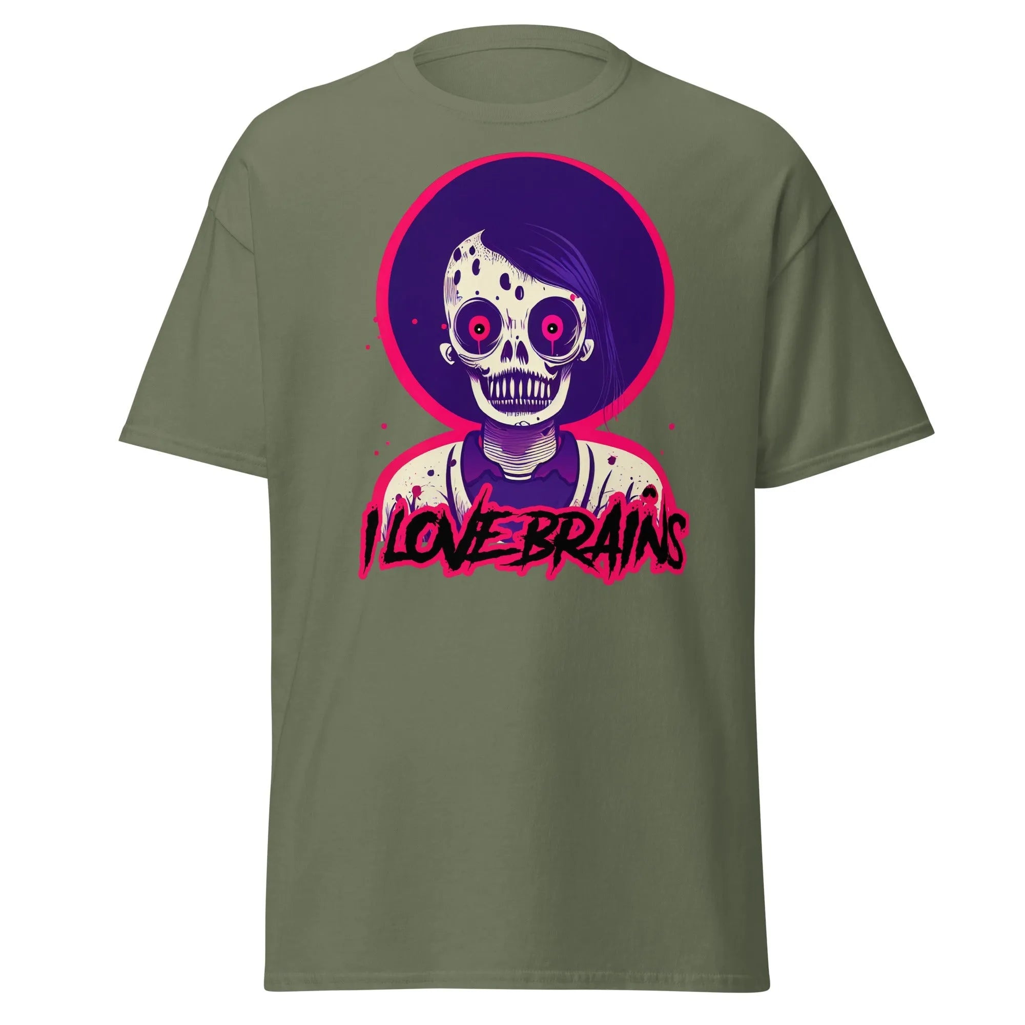 I Love Brains military green Halloween T-shirt features a cartoon zombie with I LOVE BRAINS in stylized letters below the image.