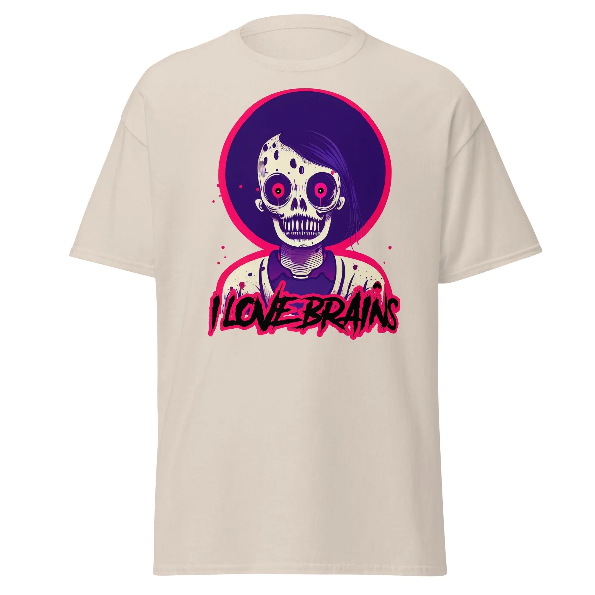 I Love Brains natural Halloween T-shirt features a cartoon zombie with I LOVE BRAINS in stylized letters below the image.