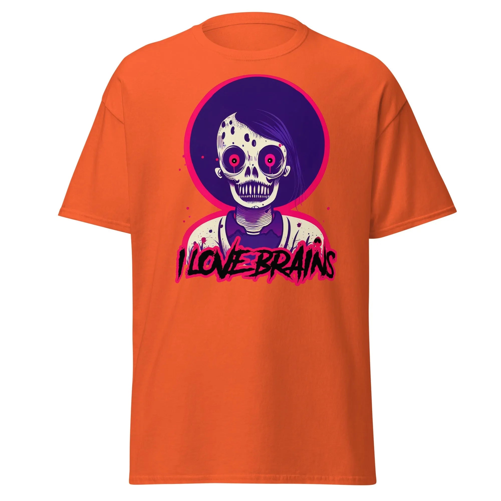 I Love Brains orange Halloween T-shirt features a cartoon zombie with I LOVE BRAINS in stylized letters below the image.