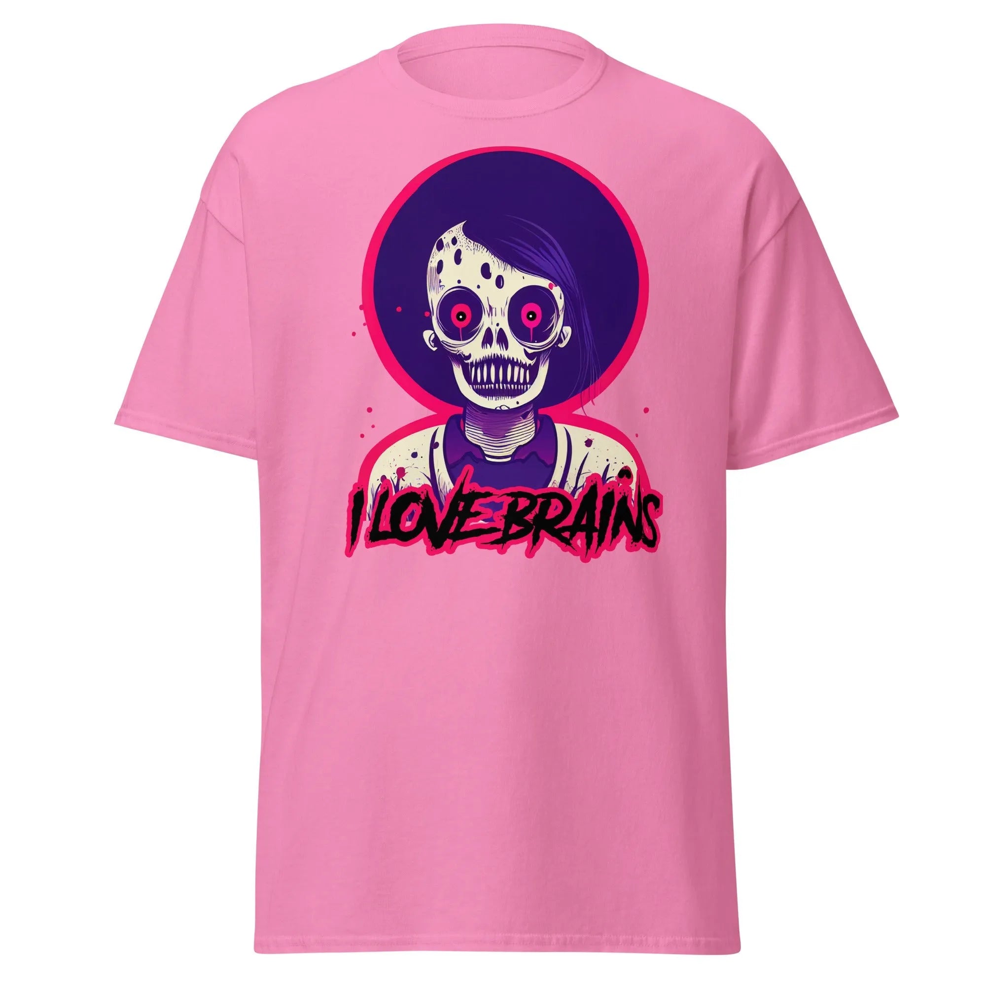 I Love Brains pink Halloween T-shirt features a cartoon zombie with I LOVE BRAINS in stylized letters below the image.
