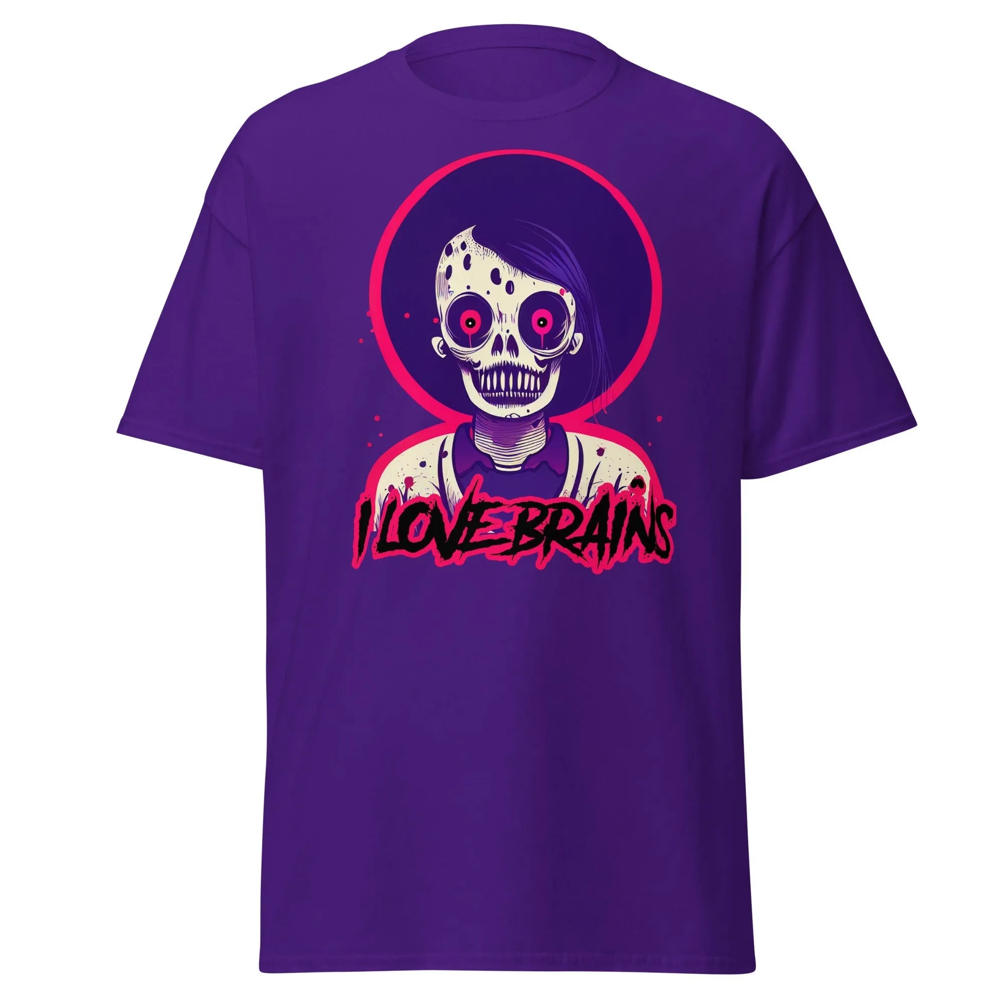 I Love Brains purple Halloween T-shirt features a cartoon zombie with I LOVE BRAINS in stylized letters below the image.