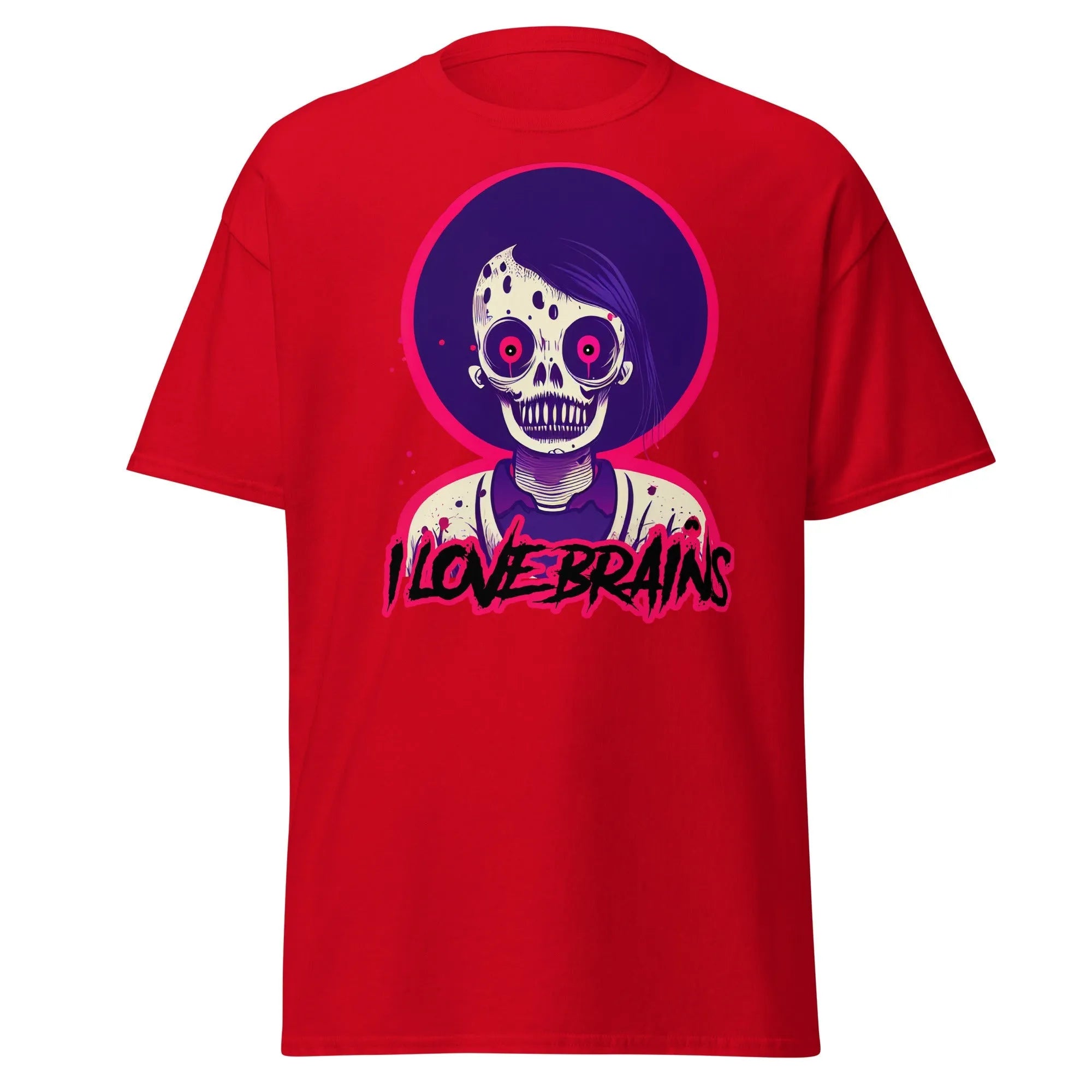 I Love Brains red Halloween T-shirt features a cartoon zombie with I LOVE BRAINS in stylized letters below the image.