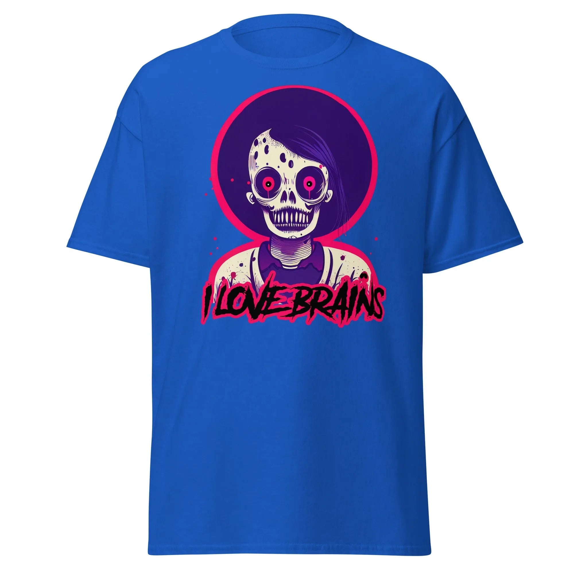 I Love Brains royal blue Halloween T-shirt features a cartoon zombie with I LOVE BRAINS in stylized letters below the image.