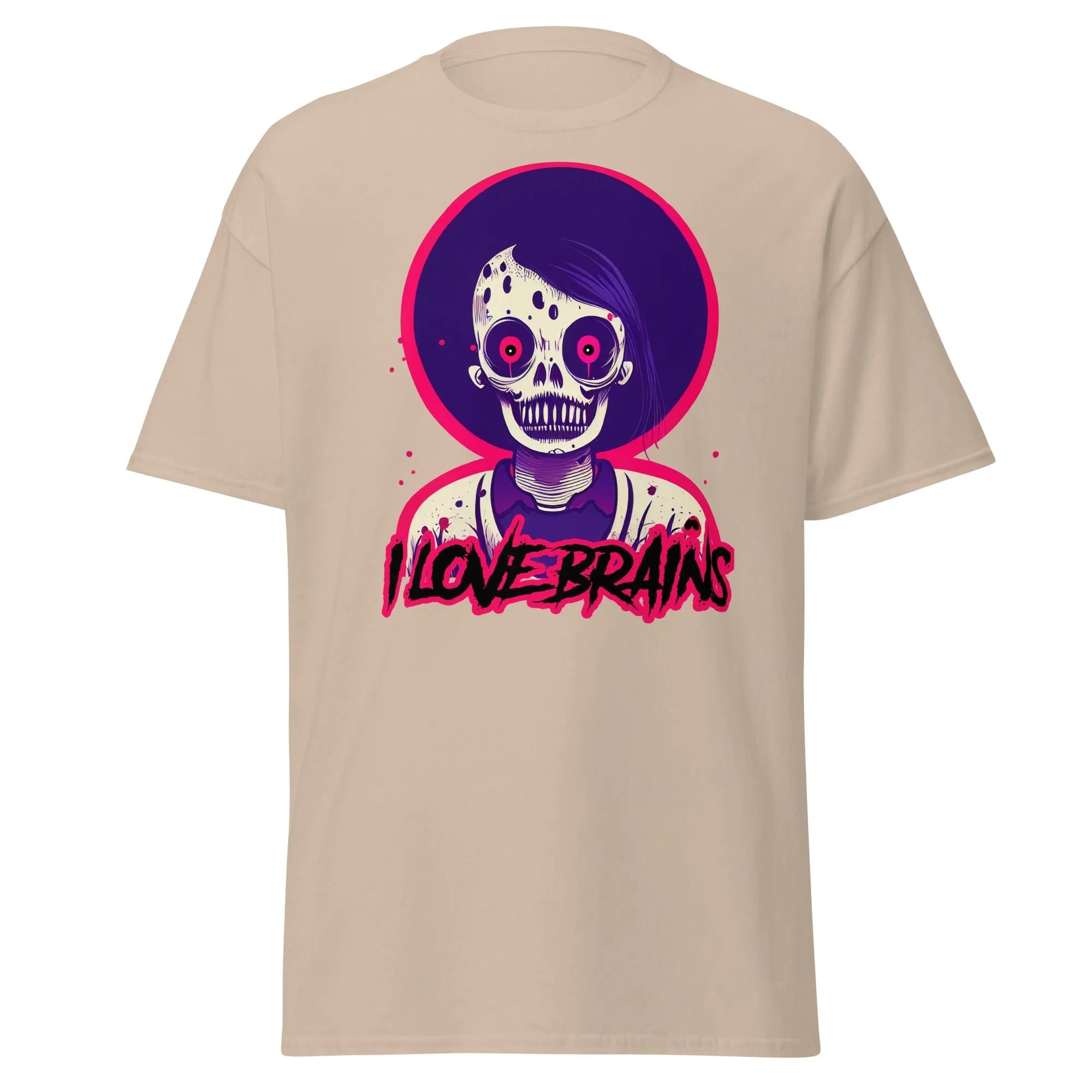 I Love Brains sand Halloween T-shirt features a cartoon zombie with I LOVE BRAINS in stylized letters below the image.