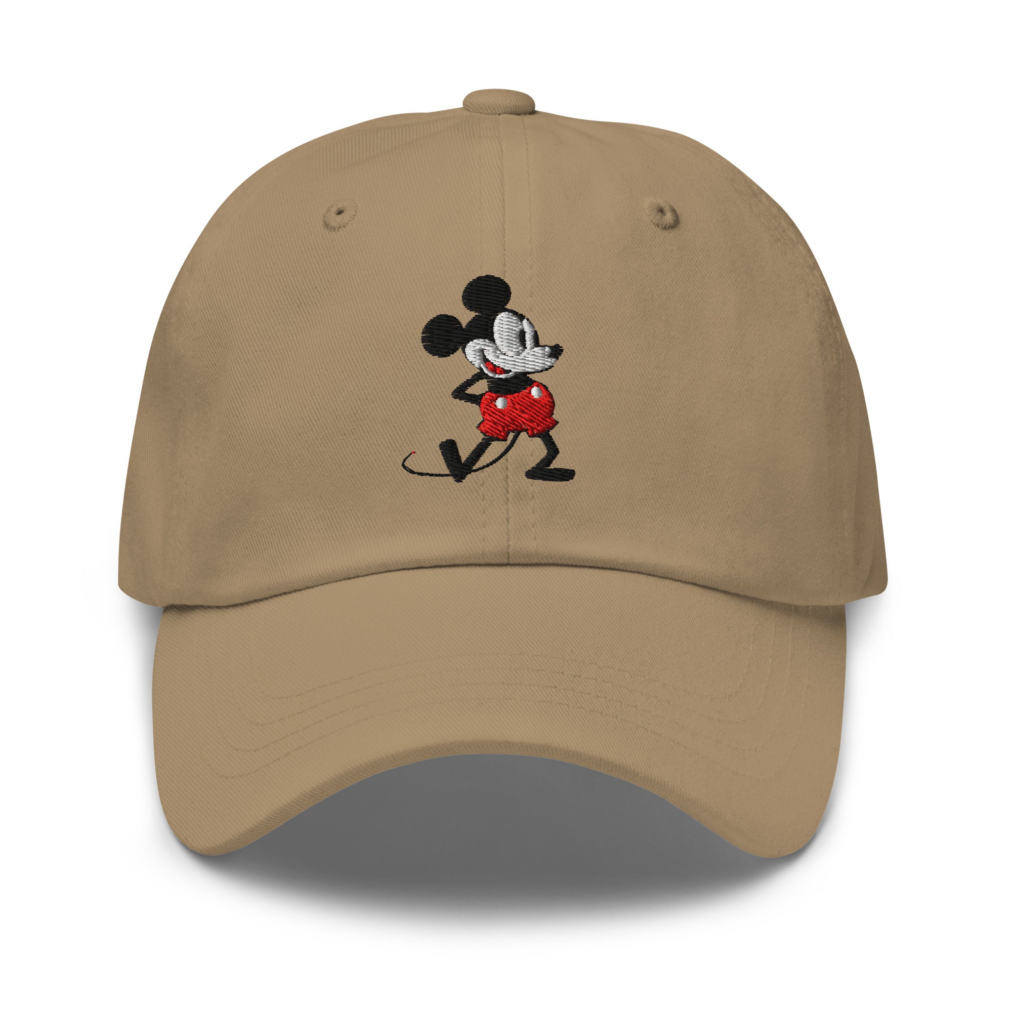 Khaki dad hat with a 1928 Mickey Mouse embroidered cartoon character.