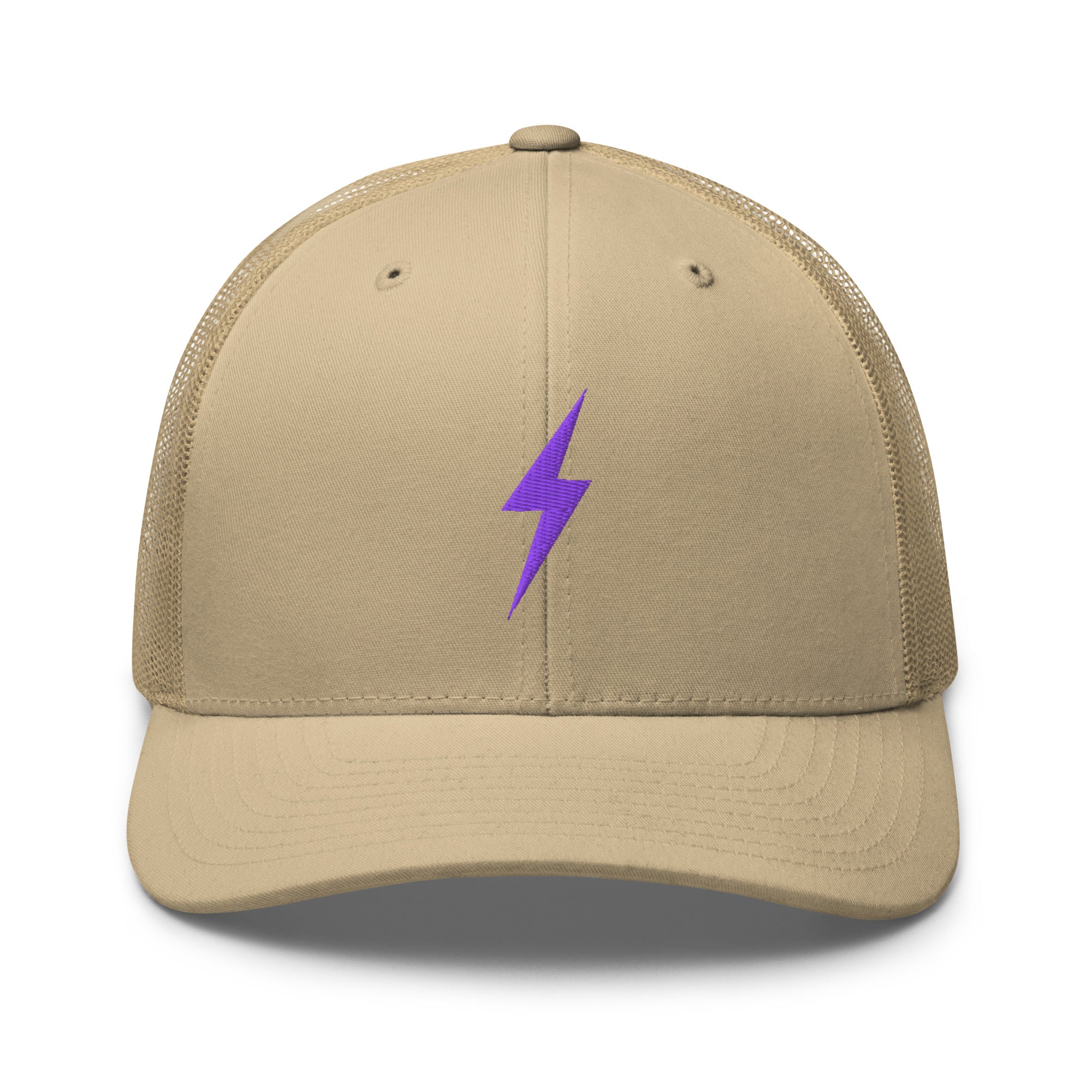 Khaki trucker hat with a purple lightning bolt design on front panel