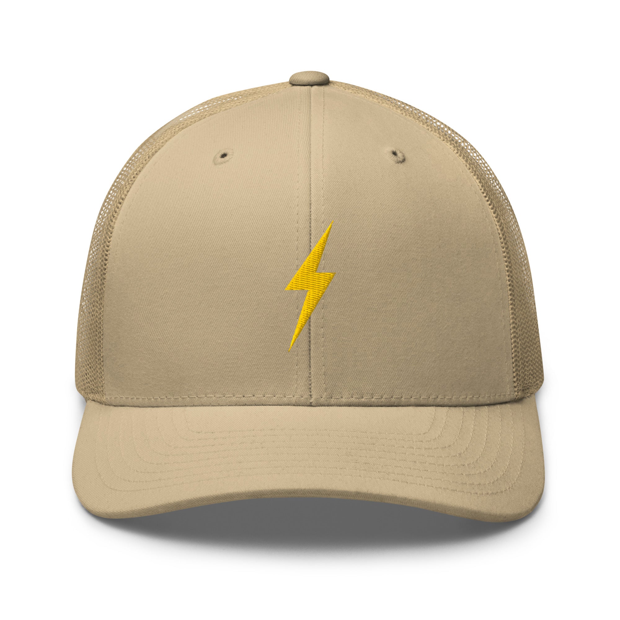 Khaki trucker hat with a yellow lightning bolt design on front panel