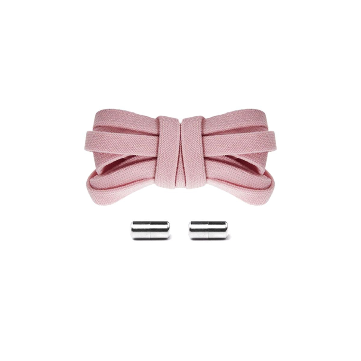 Light pink elastic no-tie shoelaces with silver capsule lock system for a premium all-black sneaker finish, easy slip-on fit.