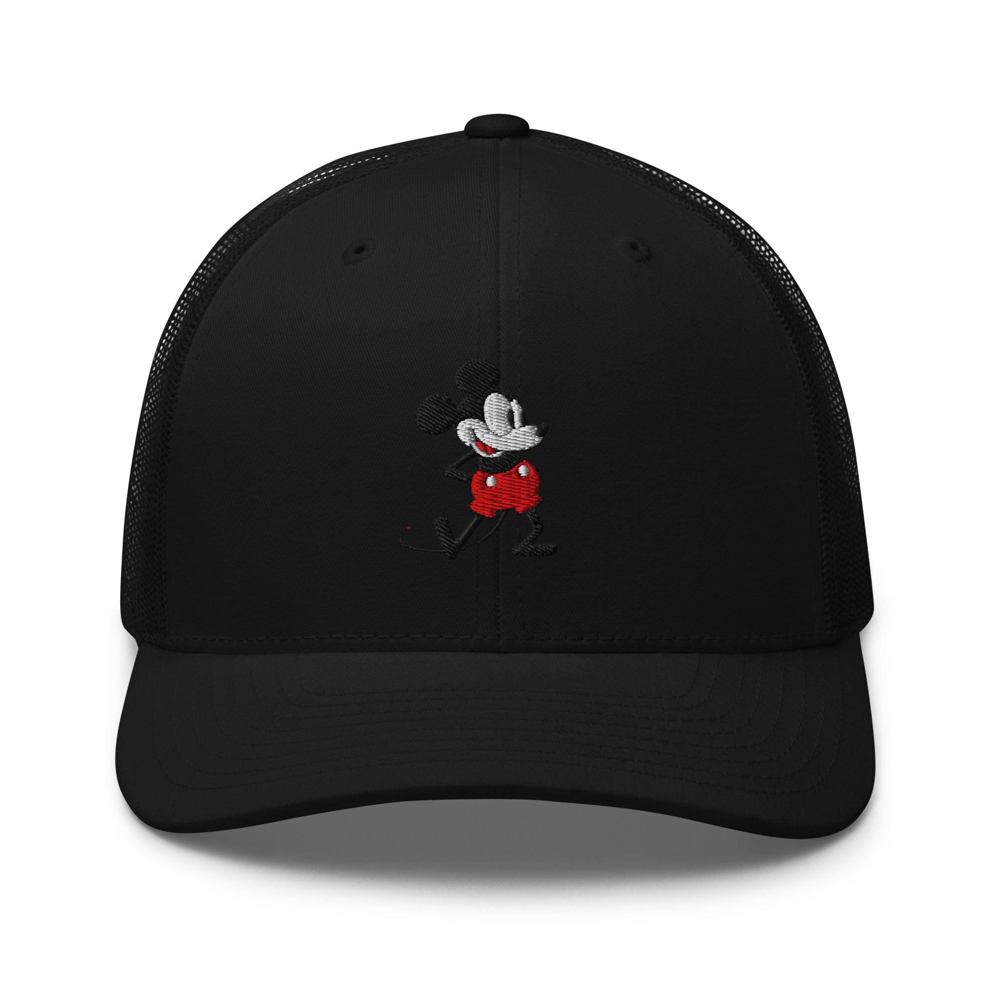 Black trucker hat with a 1928 Mickey Mouse cartoon character embroidered on it.
