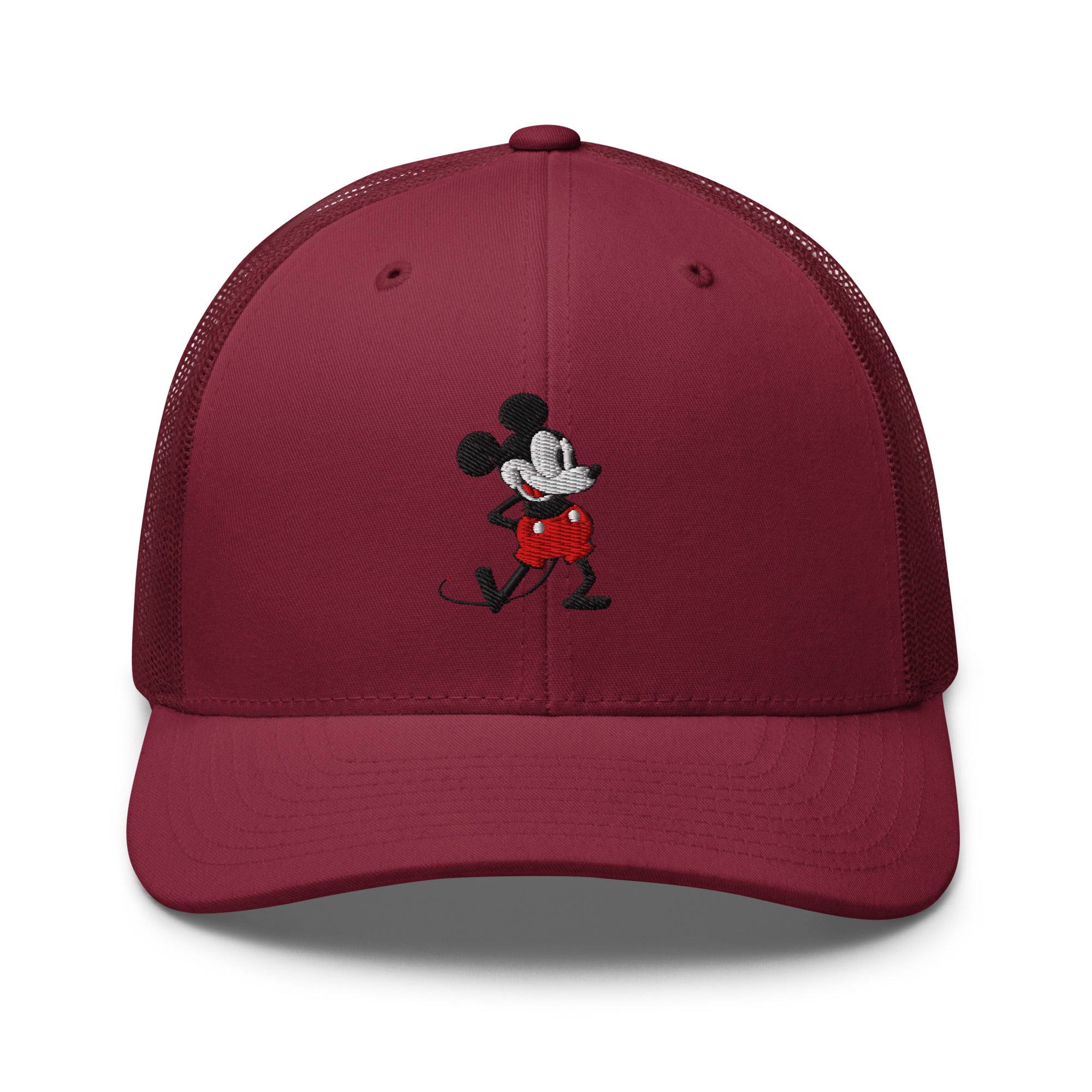 Cranberry trucker hat with a 1928 Mickey Mouse cartoon character embroidered on it.