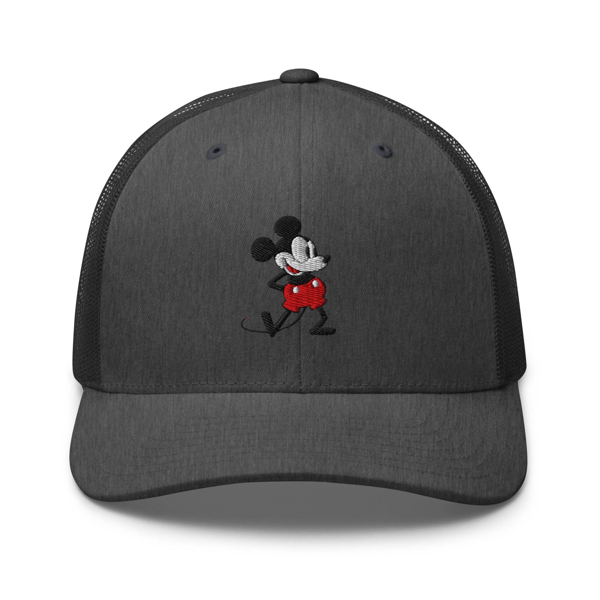 Dark grey trucker hat with a 1928 Mickey Mouse cartoon character embroidered on it.
