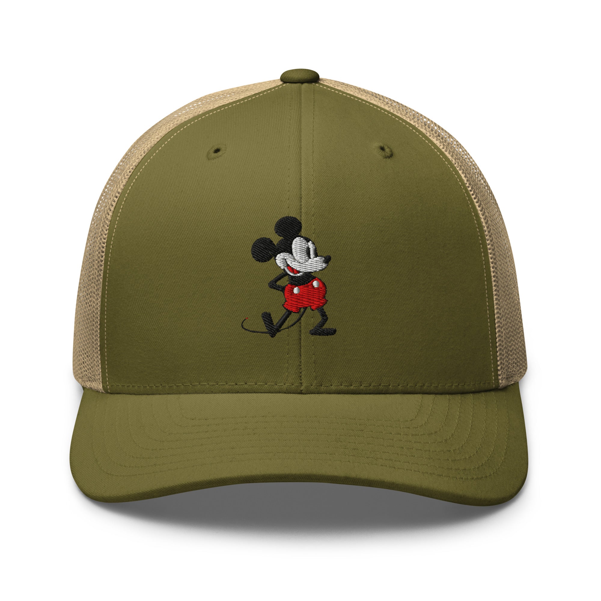 Moss trucker hat with a 1928 Mickey Mouse cartoon character embroidered on it.