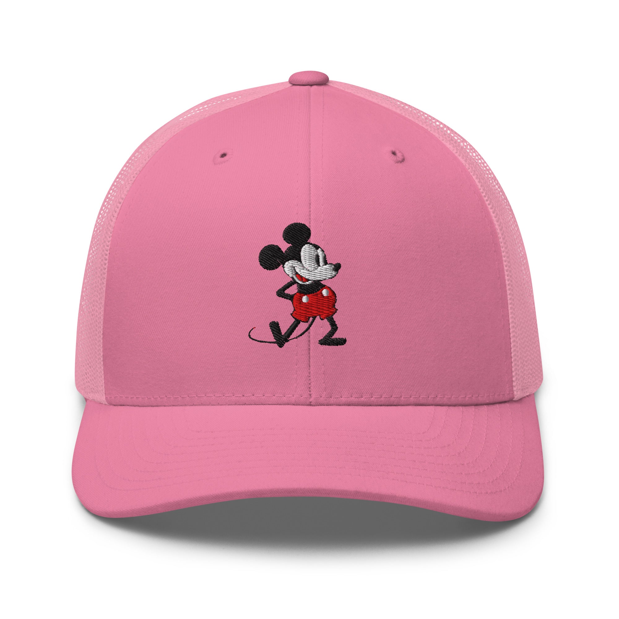 Pink trucker hat with a 1928 Mickey Mouse cartoon character embroidered on it.