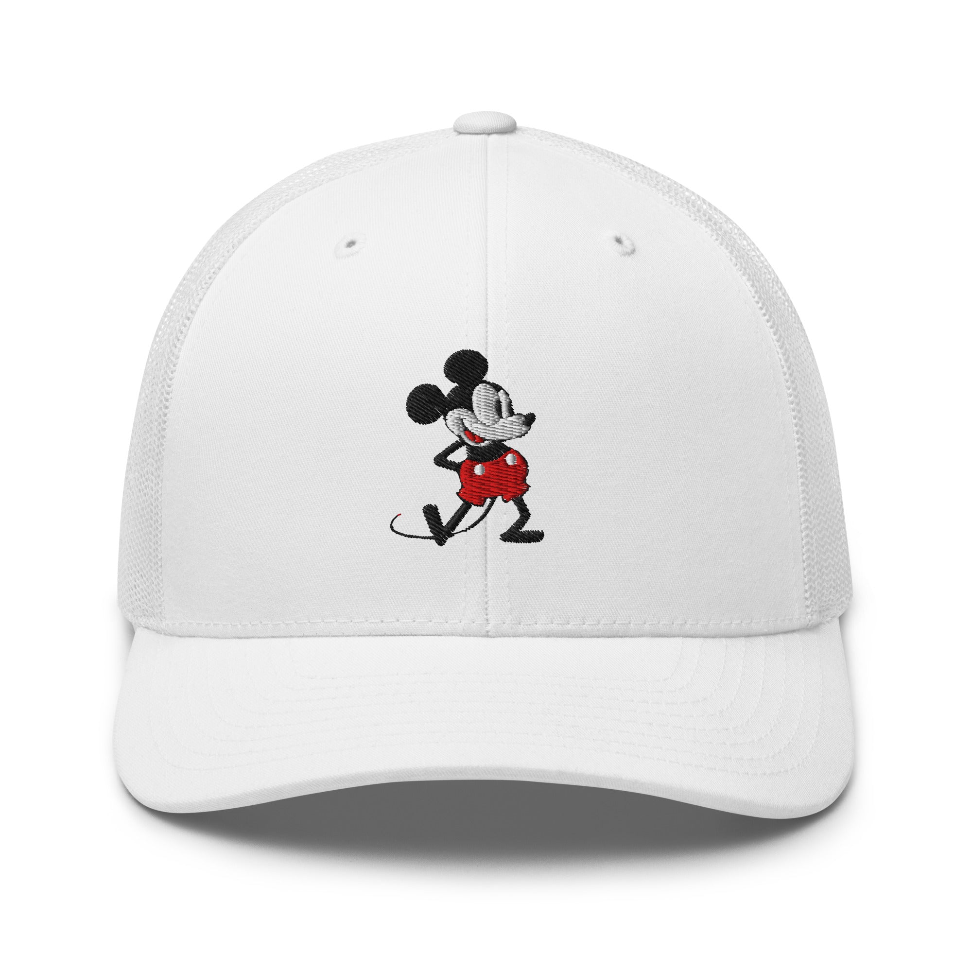 White trucker hat with a 1928 Mickey Mouse cartoon character embroidered on it.