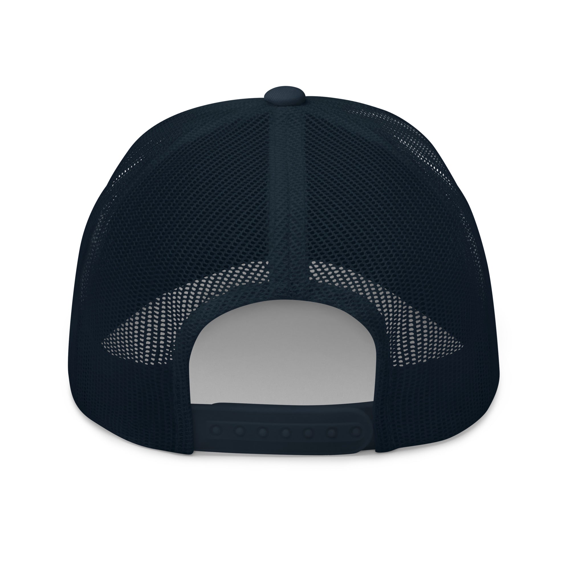 Rear view of navy truckers hat with adjustable snapback closure