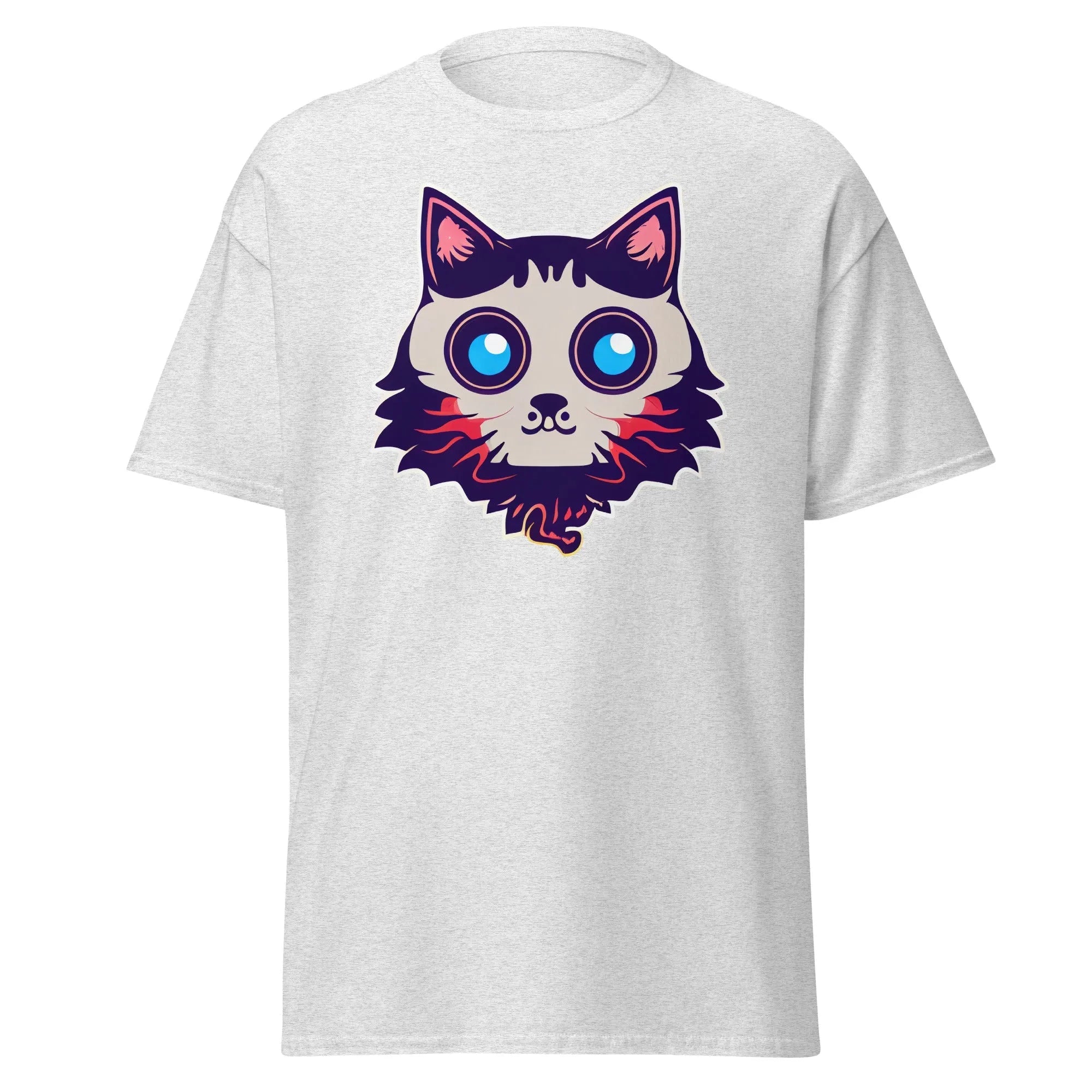 Phantom Furball ash Halloween T-shirt featuring a bold cartoon cat face with big eyes.