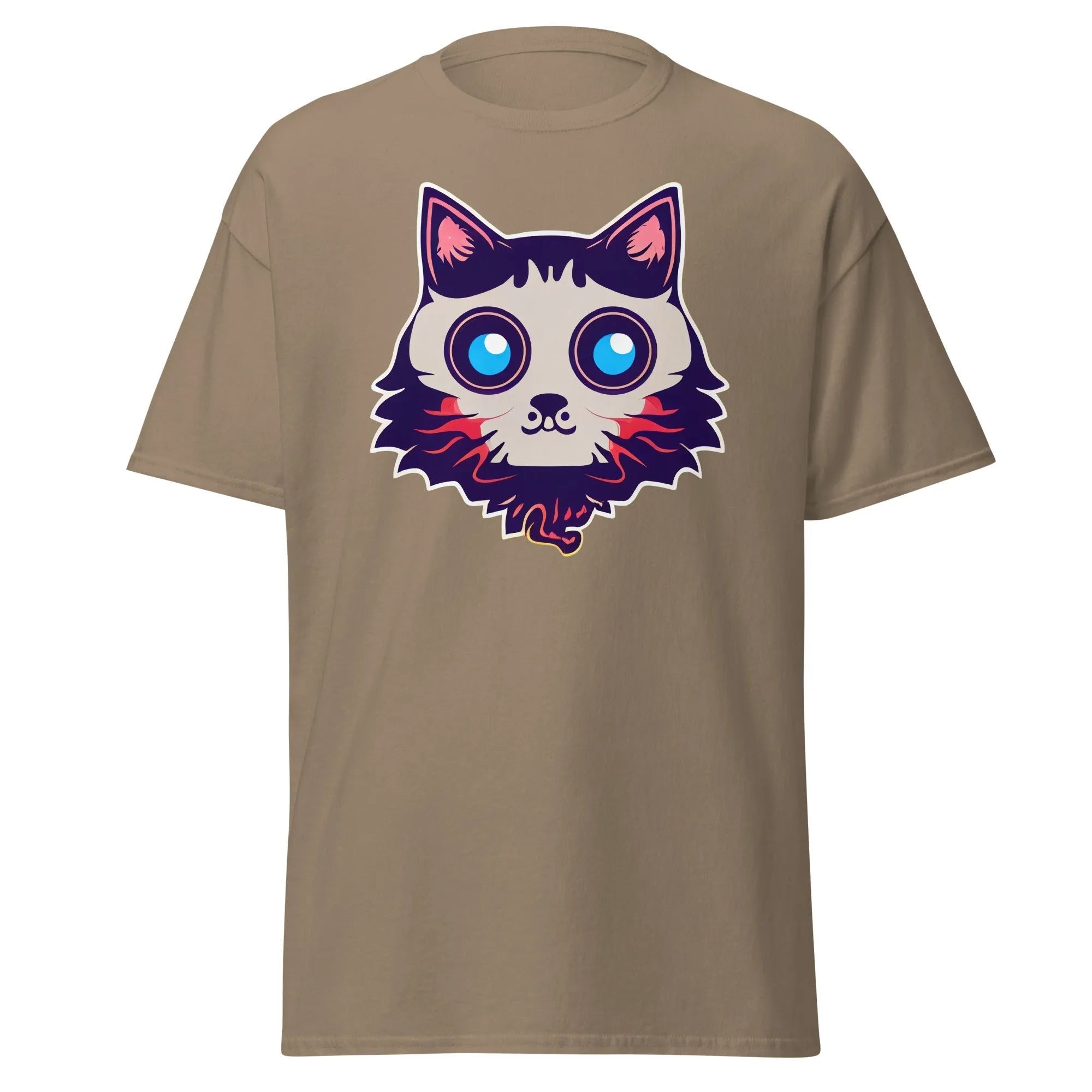 Phantom Furball brown Halloween T-shirt featuring a bold cartoon cat face with big eyes.
