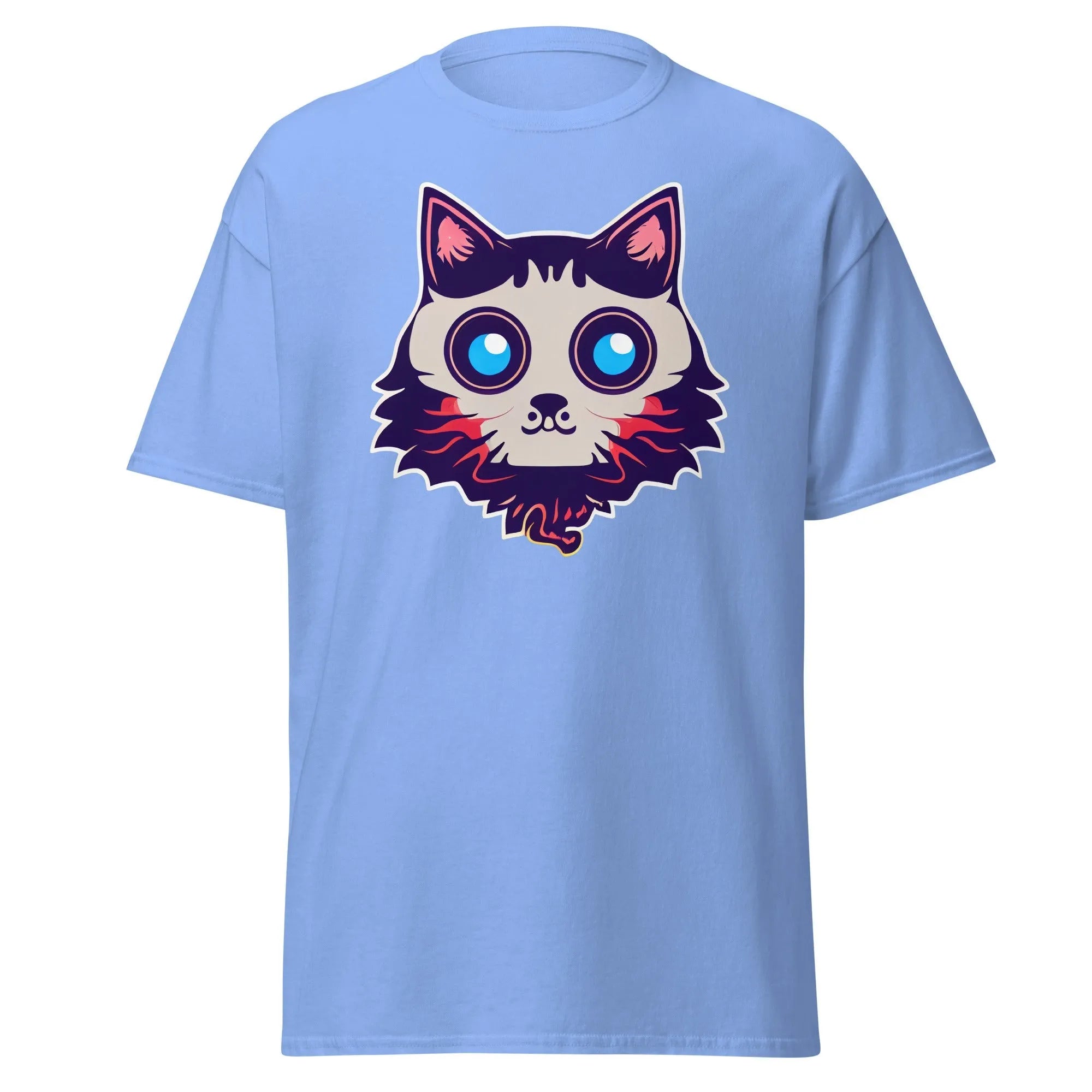 Phantom Furball carolina blue Halloween T-shirt featuring a bold cartoon cat face with big eyes.