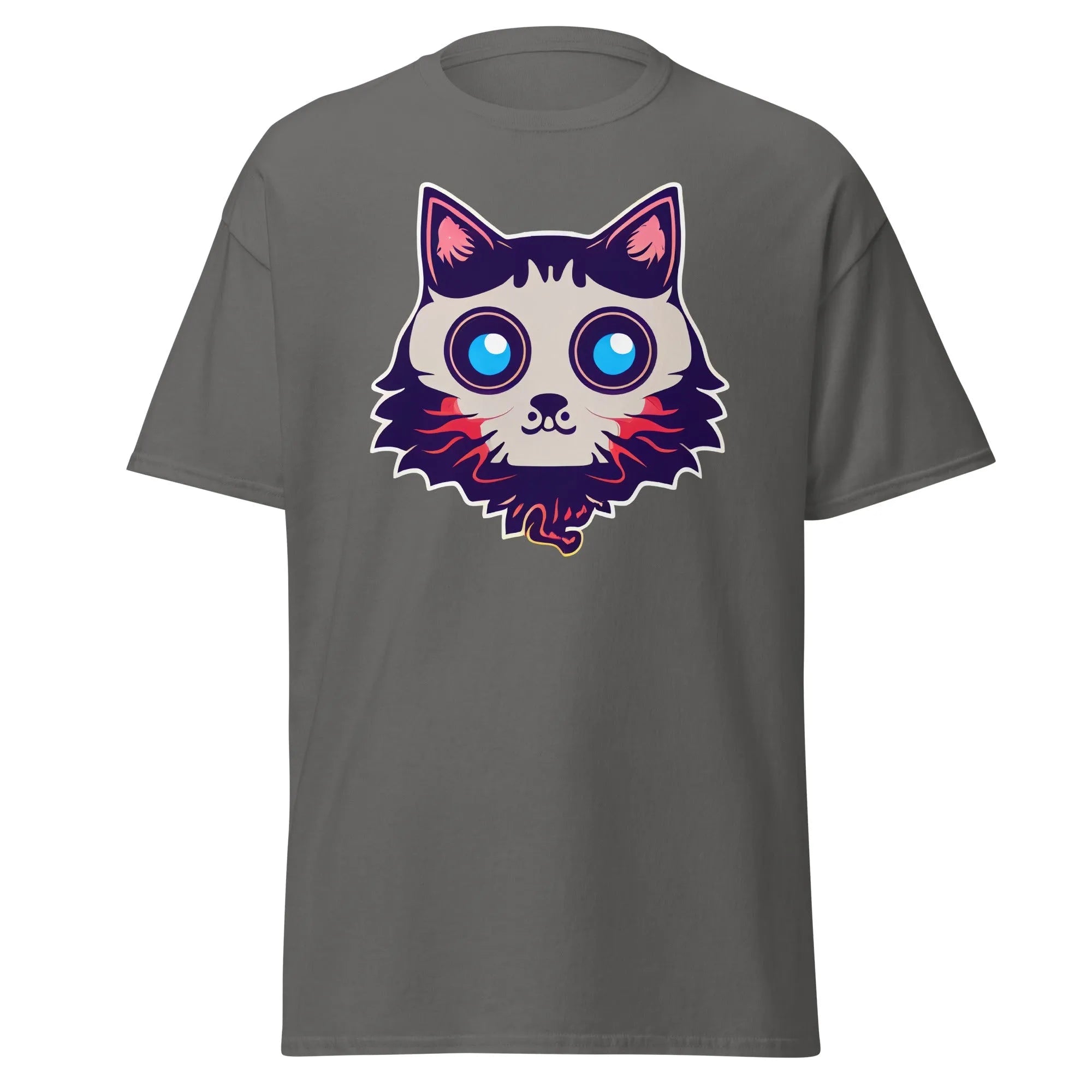 Phantom Furball charcoal Halloween T-shirt featuring a bold cartoon cat face with big eyes.