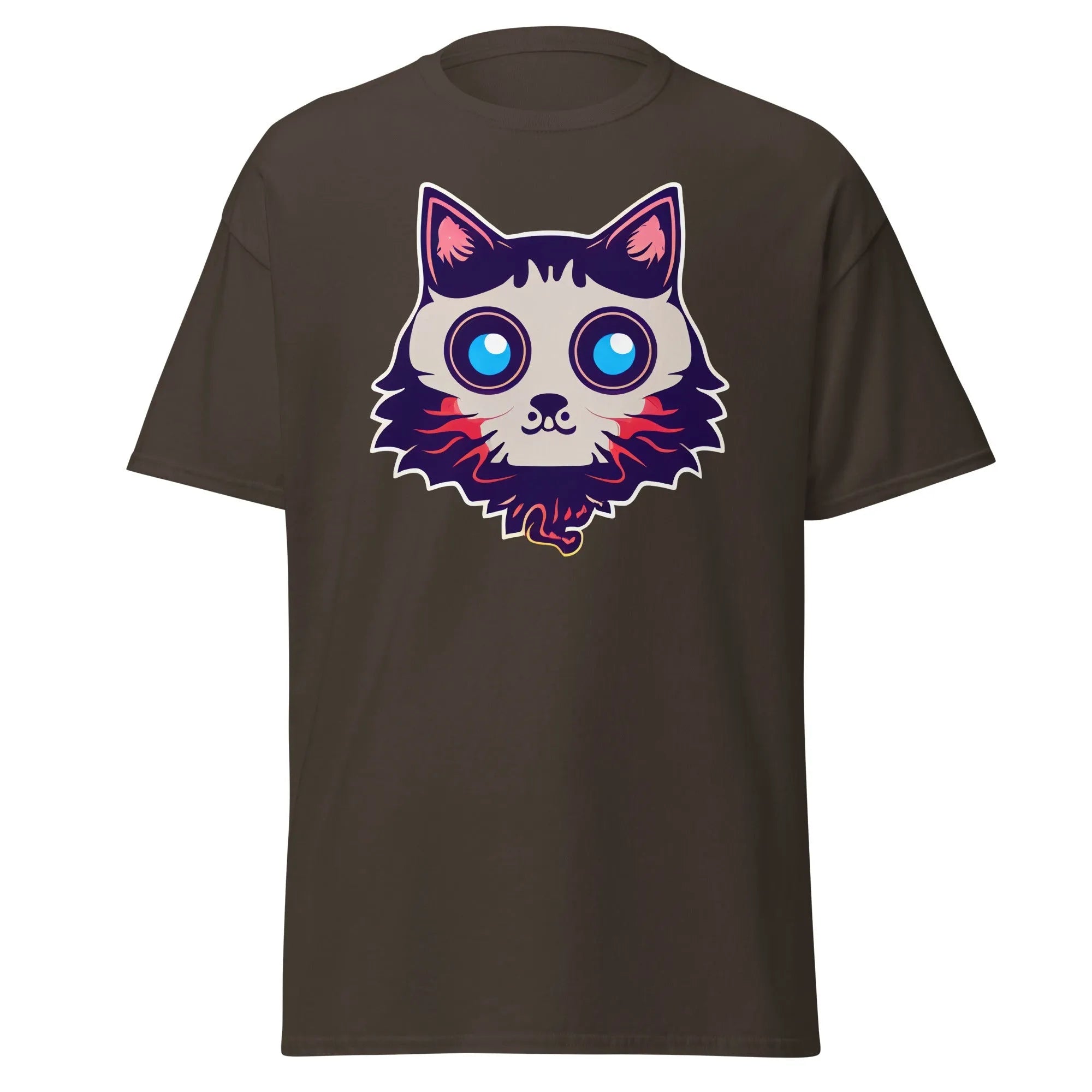 Phantom Furball chocolate Halloween T-shirt featuring a bold cartoon cat face with big eyes.