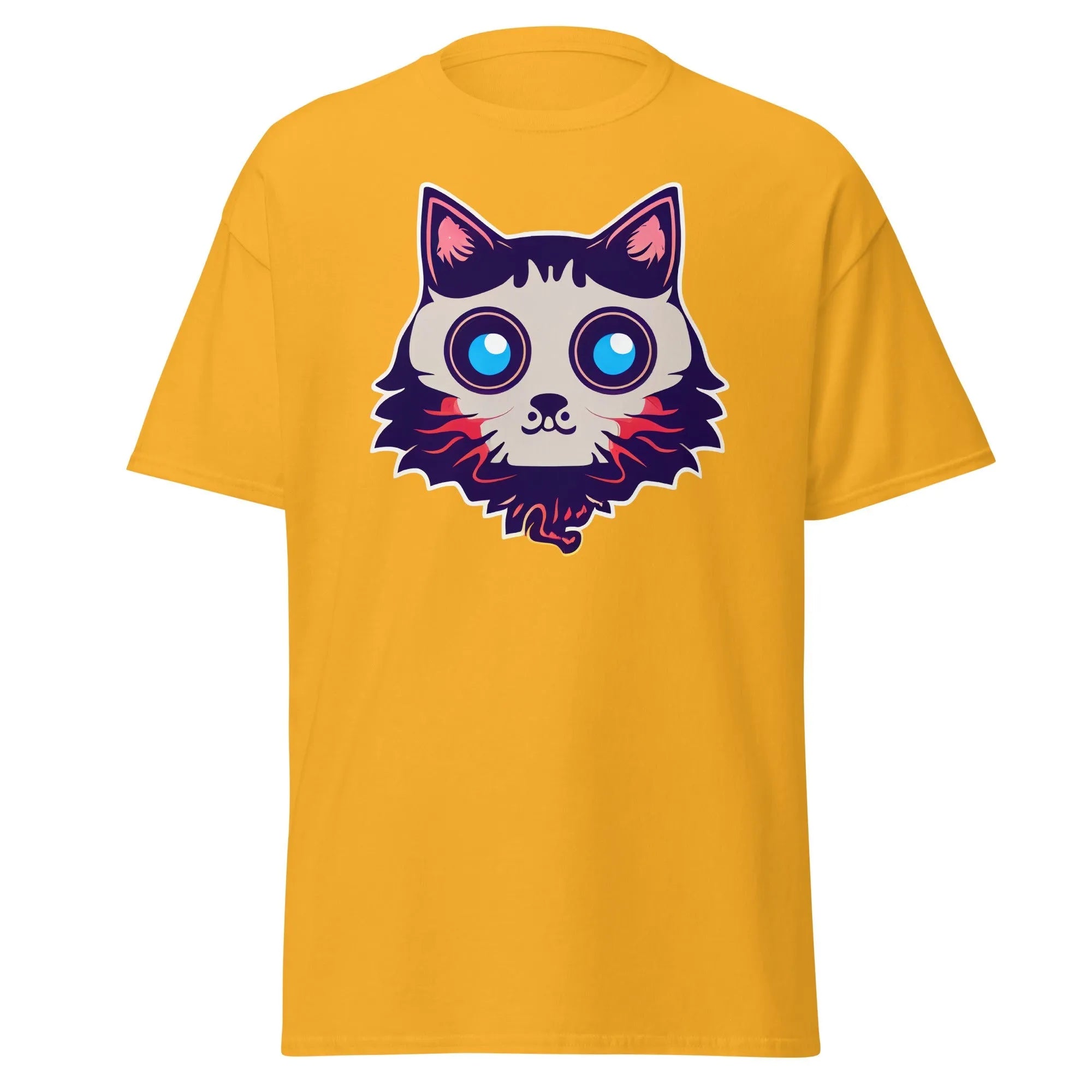 Phantom Furball gold Halloween T-shirt featuring a bold cartoon cat face with big eyes.
