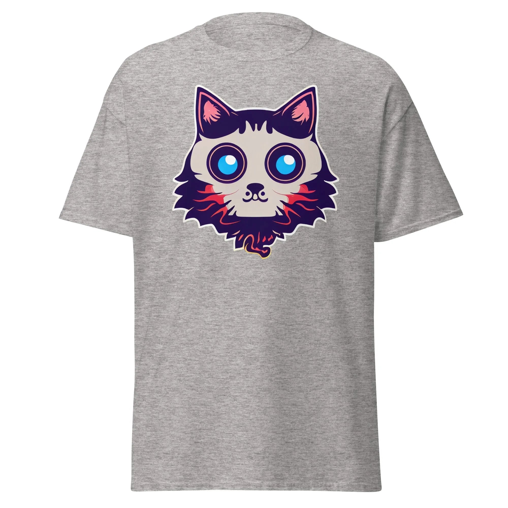 Phantom Furball grey Halloween T-shirt featuring a bold cartoon cat face with big eyes.