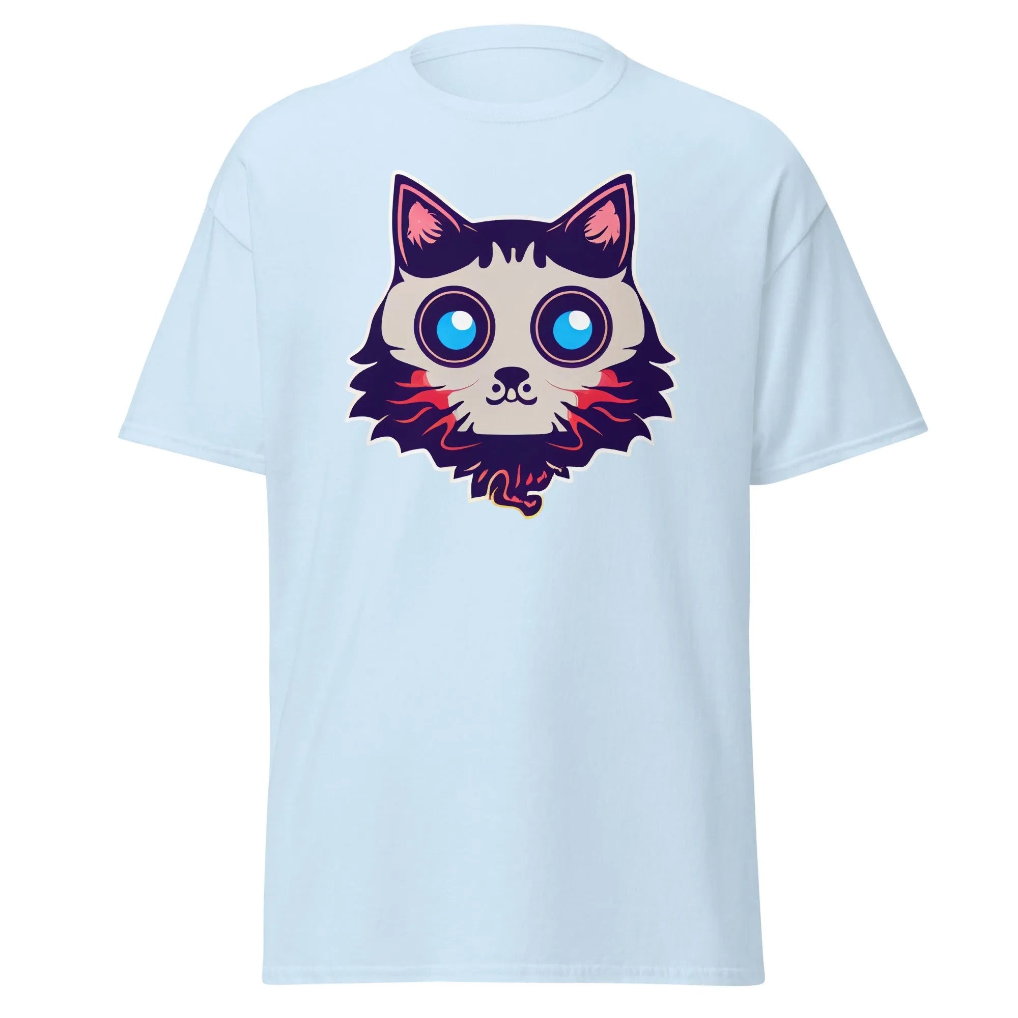 Phantom Furball light blue Halloween T-shirt featuring a bold cartoon cat face with big eyes.
