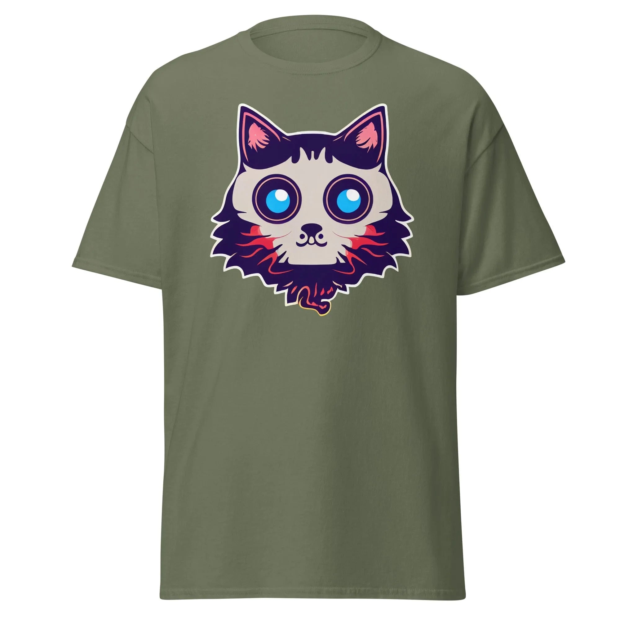Phantom Furball military green Halloween T-shirt featuring a bold cartoon cat face with big eyes.
