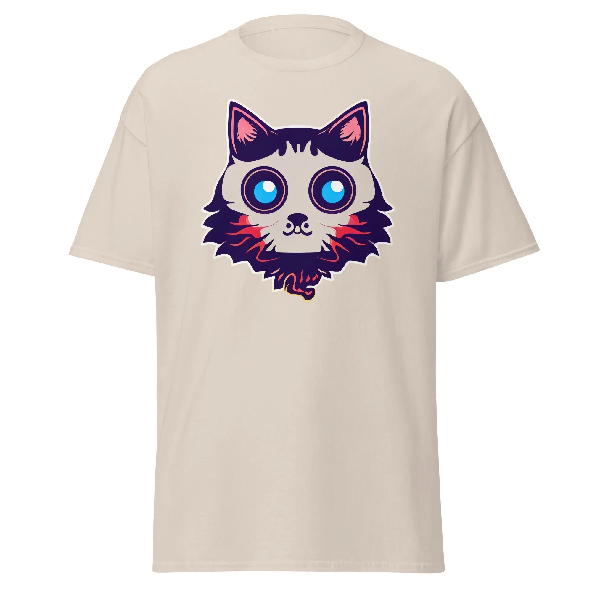 Phantom Furball natrual Halloween T-shirt featuring a bold cartoon cat face with big eyes.