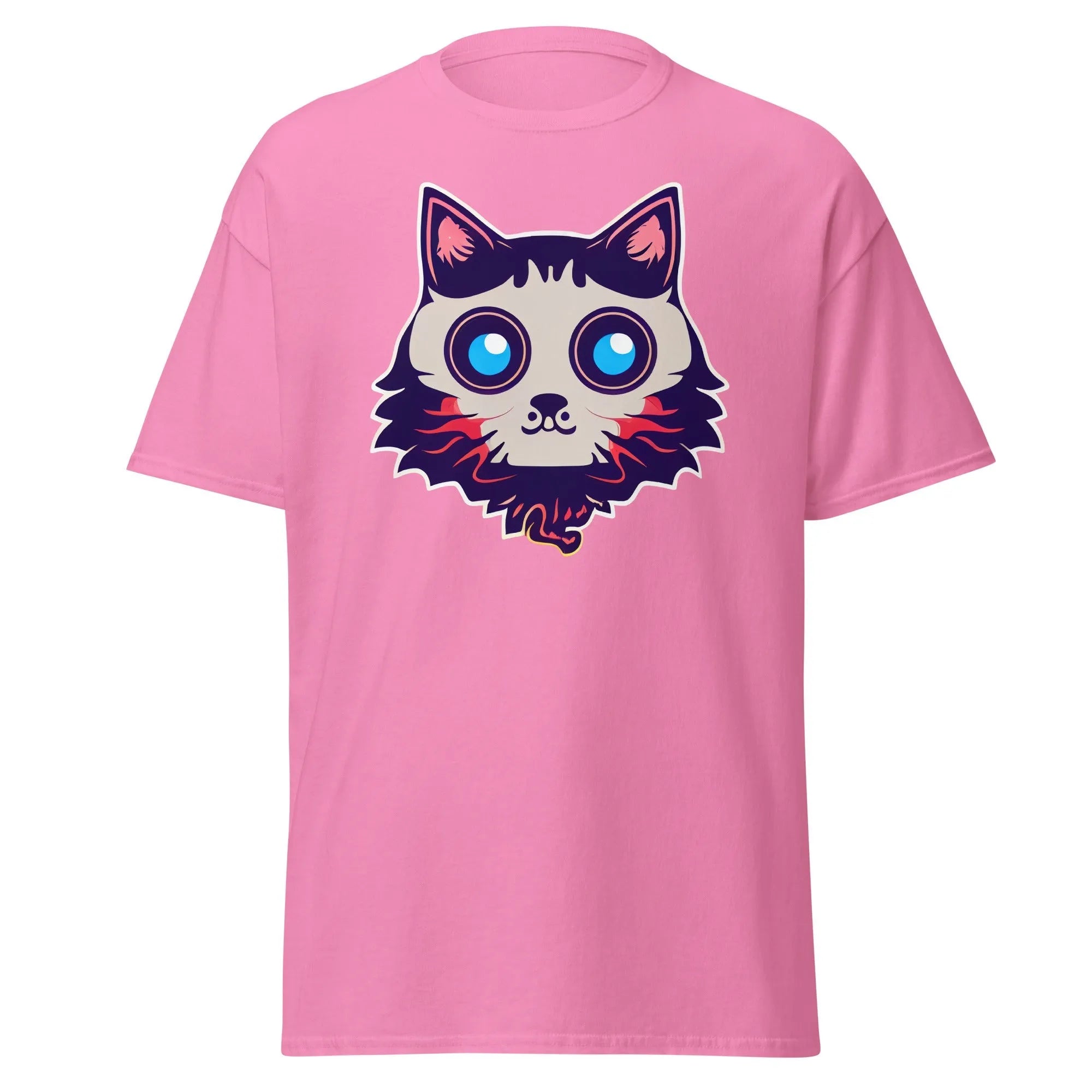 Phantom Furball pink Halloween T-shirt featuring a bold cartoon cat face with big eyes.