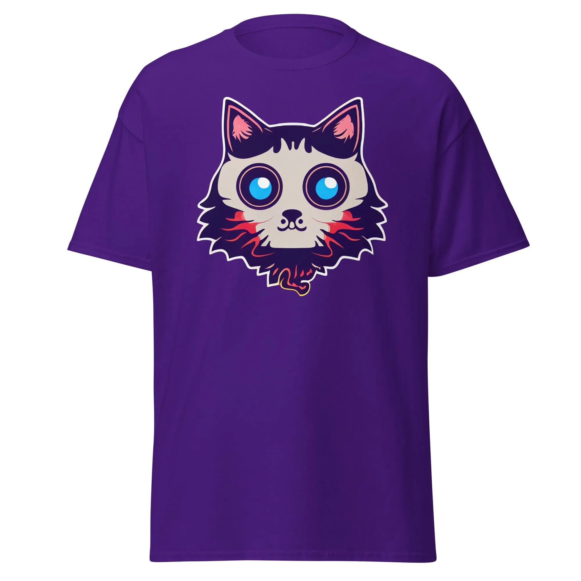 Phantom Furball purple Halloween T-shirt featuring a bold cartoon cat face with big eyes.