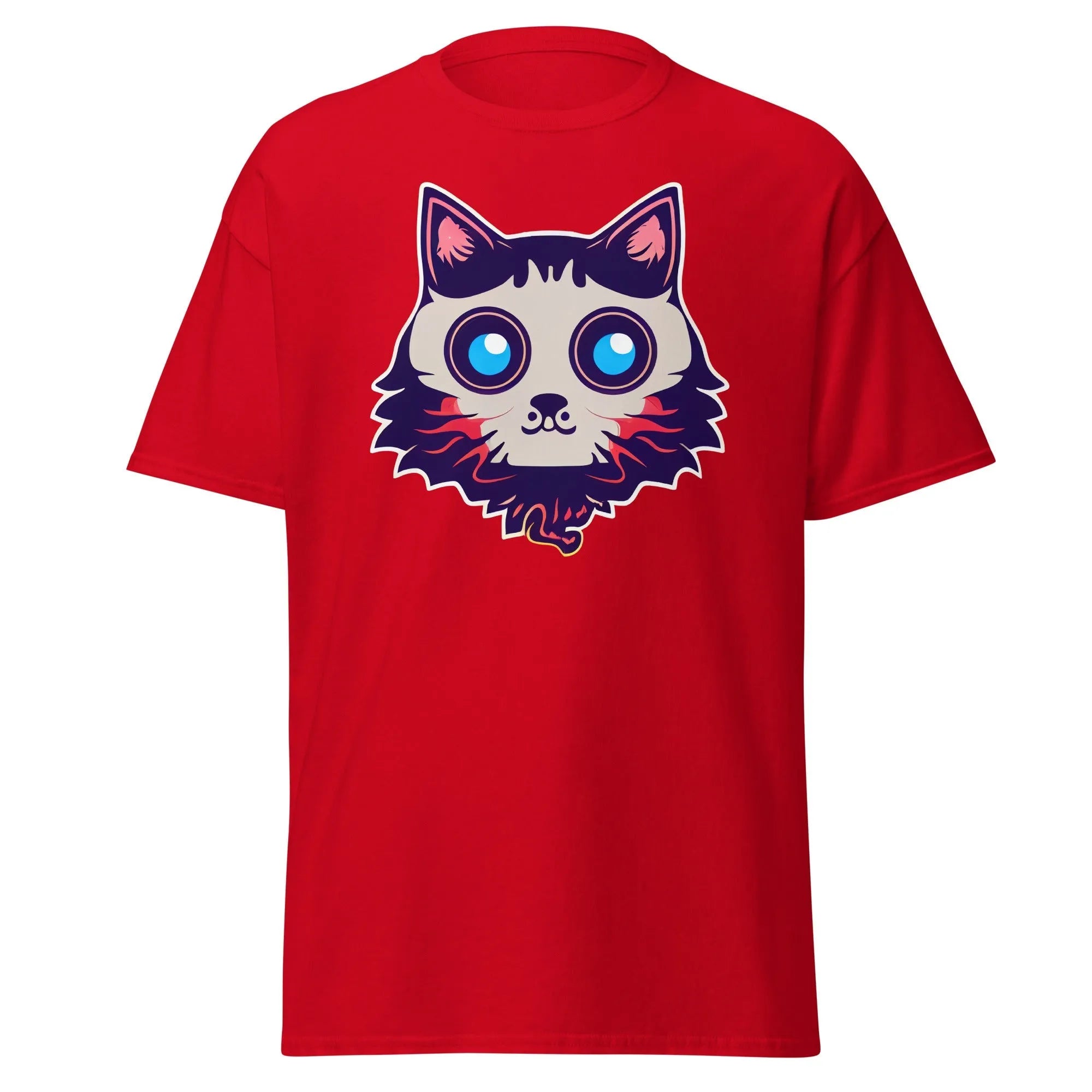 Phantom Furball red Halloween T-shirt featuring a bold cartoon cat face with big eyes.