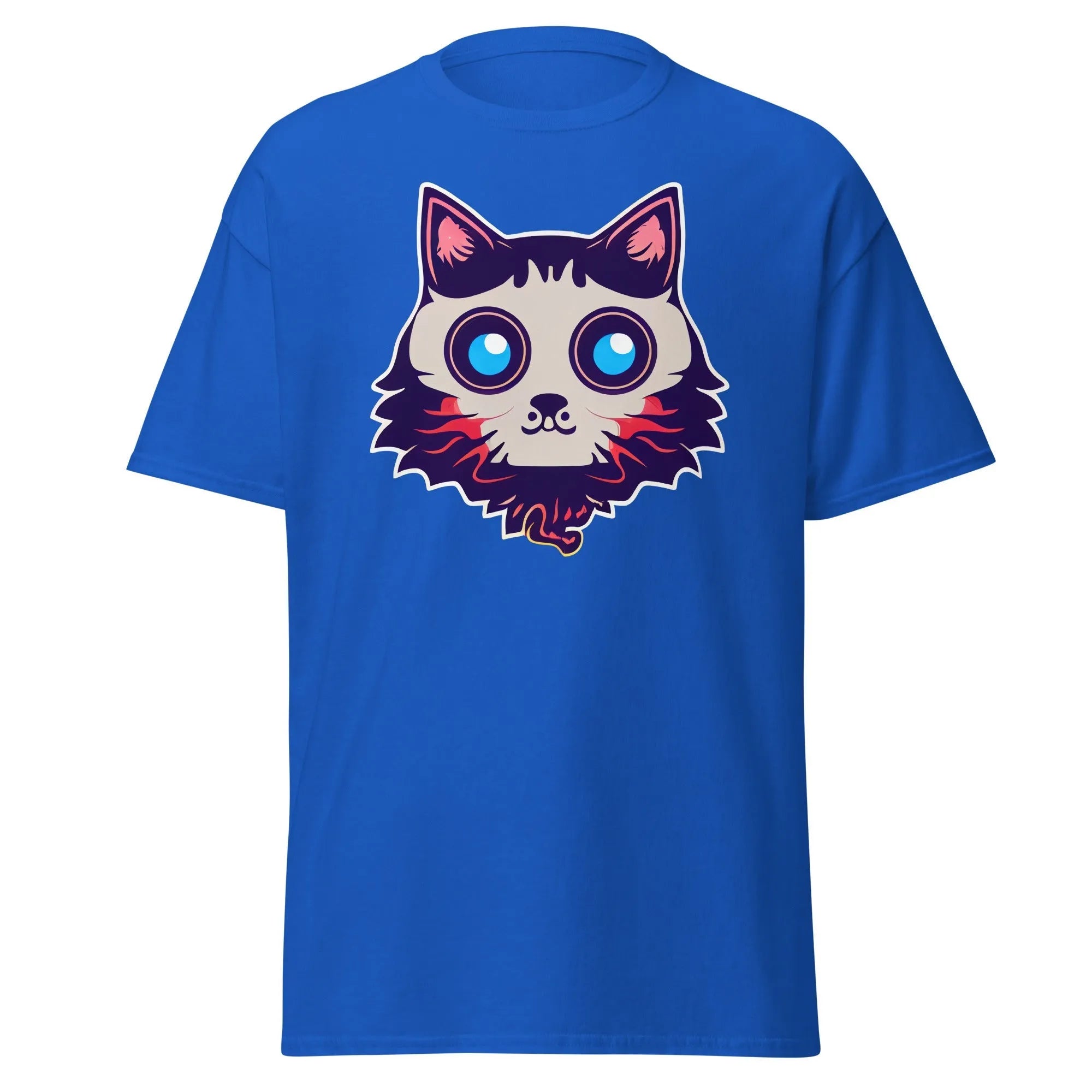 Phantom Furball roayl blue Halloween T-shirt featuring a bold cartoon cat face with big eyes.