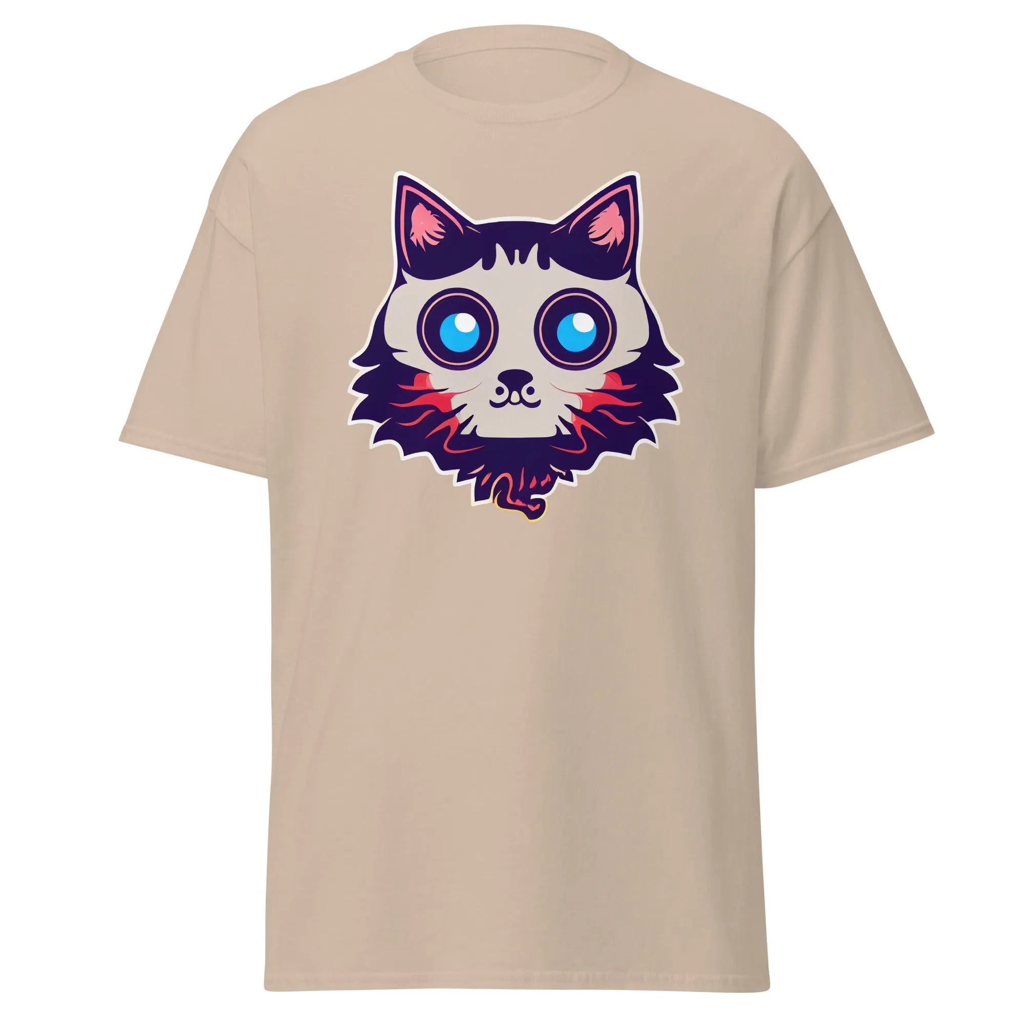 Phantom Furball sand Halloween T-shirt featuring a bold cartoon cat face with big eyes.