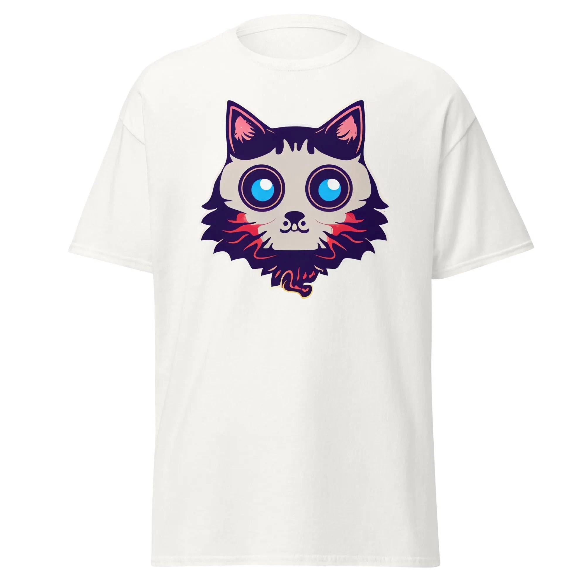 Phantom Furball white Halloween T-shirt featuring a bold cartoon cat face with big eyes.