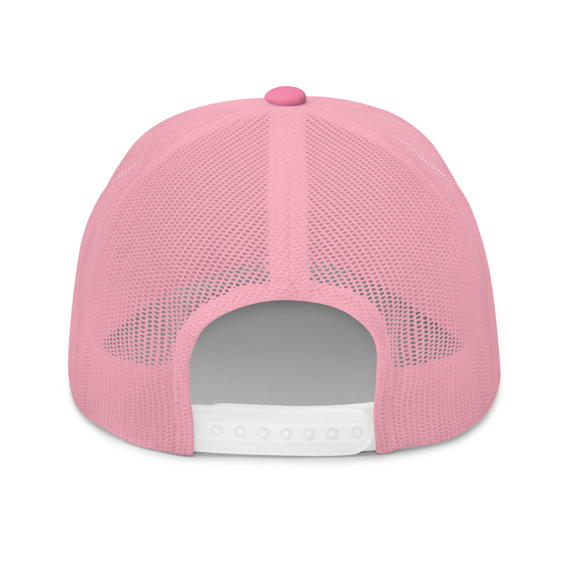 Rear view of pink truckers cap with black star, adjustable snapback closure