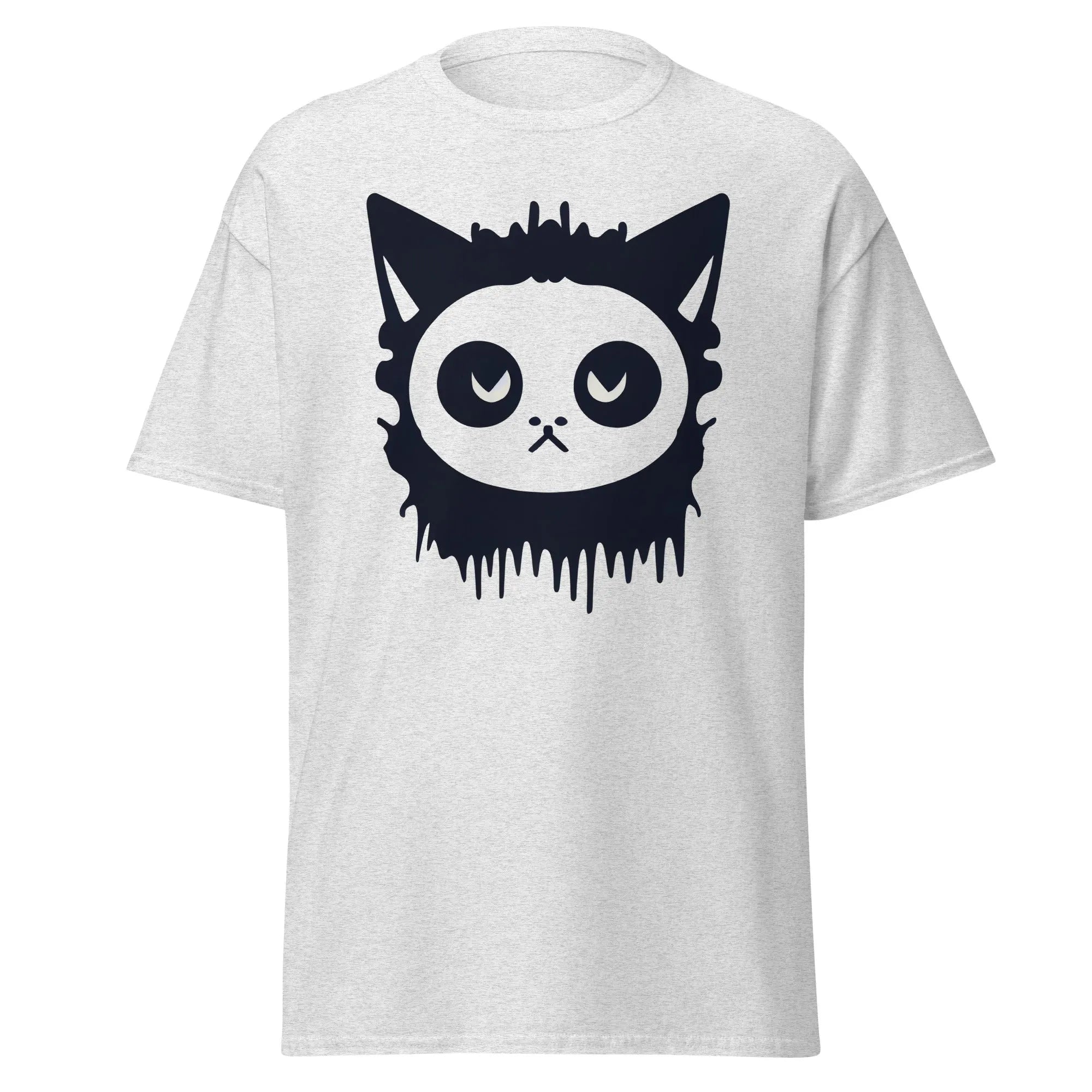 Purr-Zombie ash Halloween T-shirt featuring a bold black cat face with wide eyes and dripping detail at the bottom.