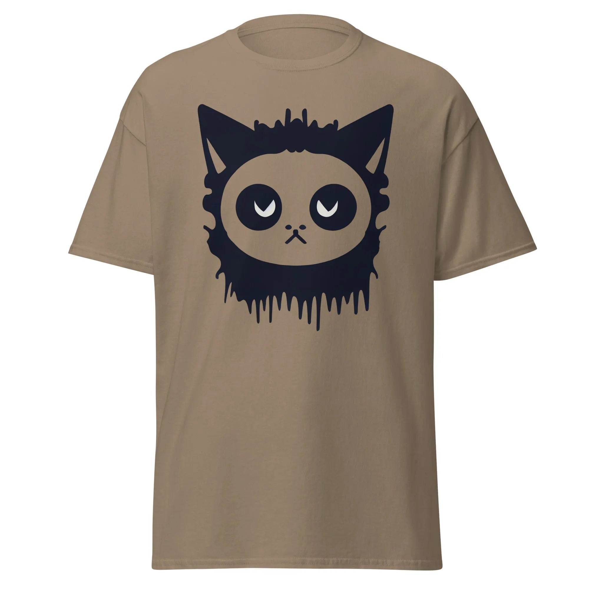 Purr-Zombie brown Halloween T-shirt featuring a bold black cat face with wide eyes and dripping detail at the bottom.