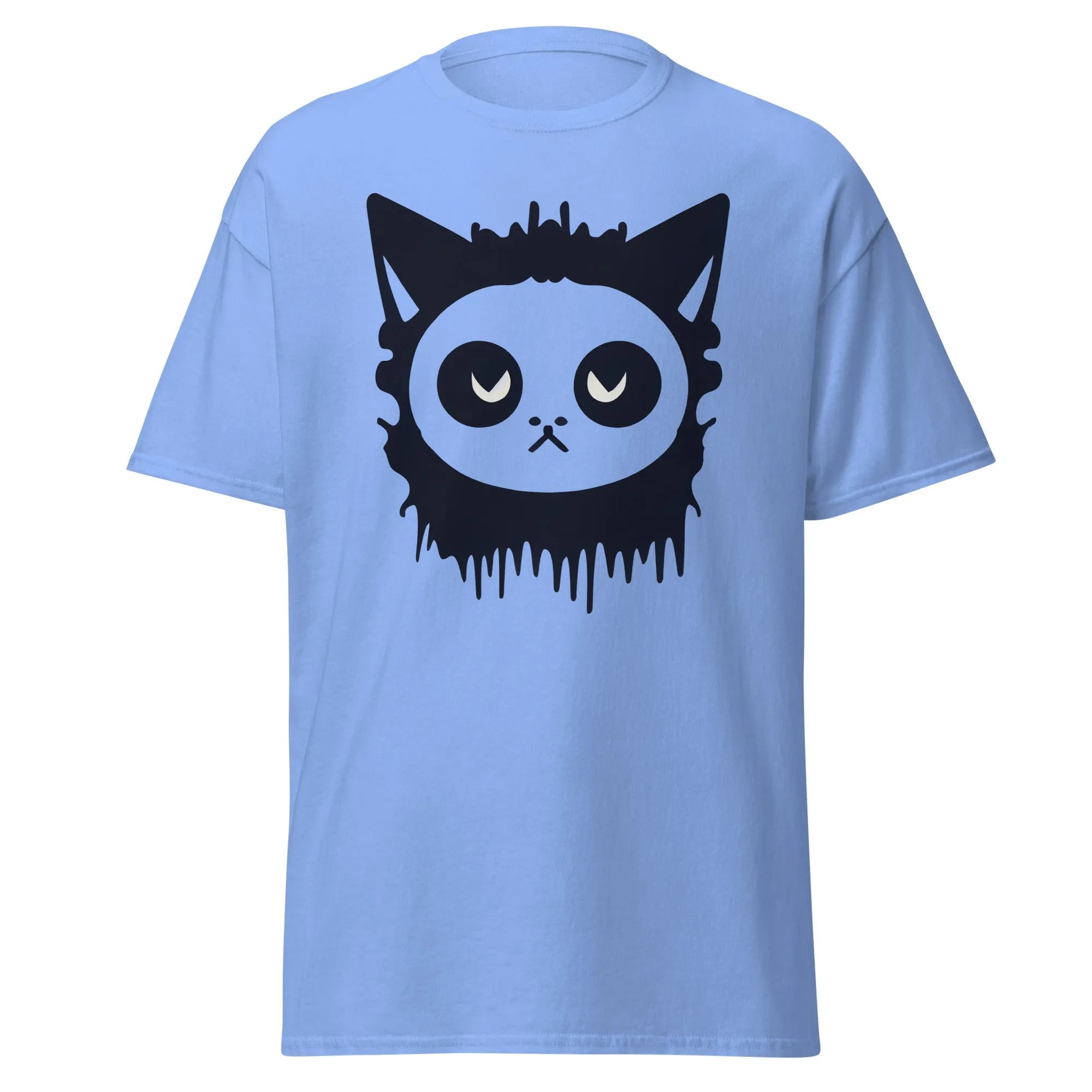 Purr-Zombie carolina blue Halloween T-shirt featuring a bold black cat face with wide eyes and dripping detail at the bottom.