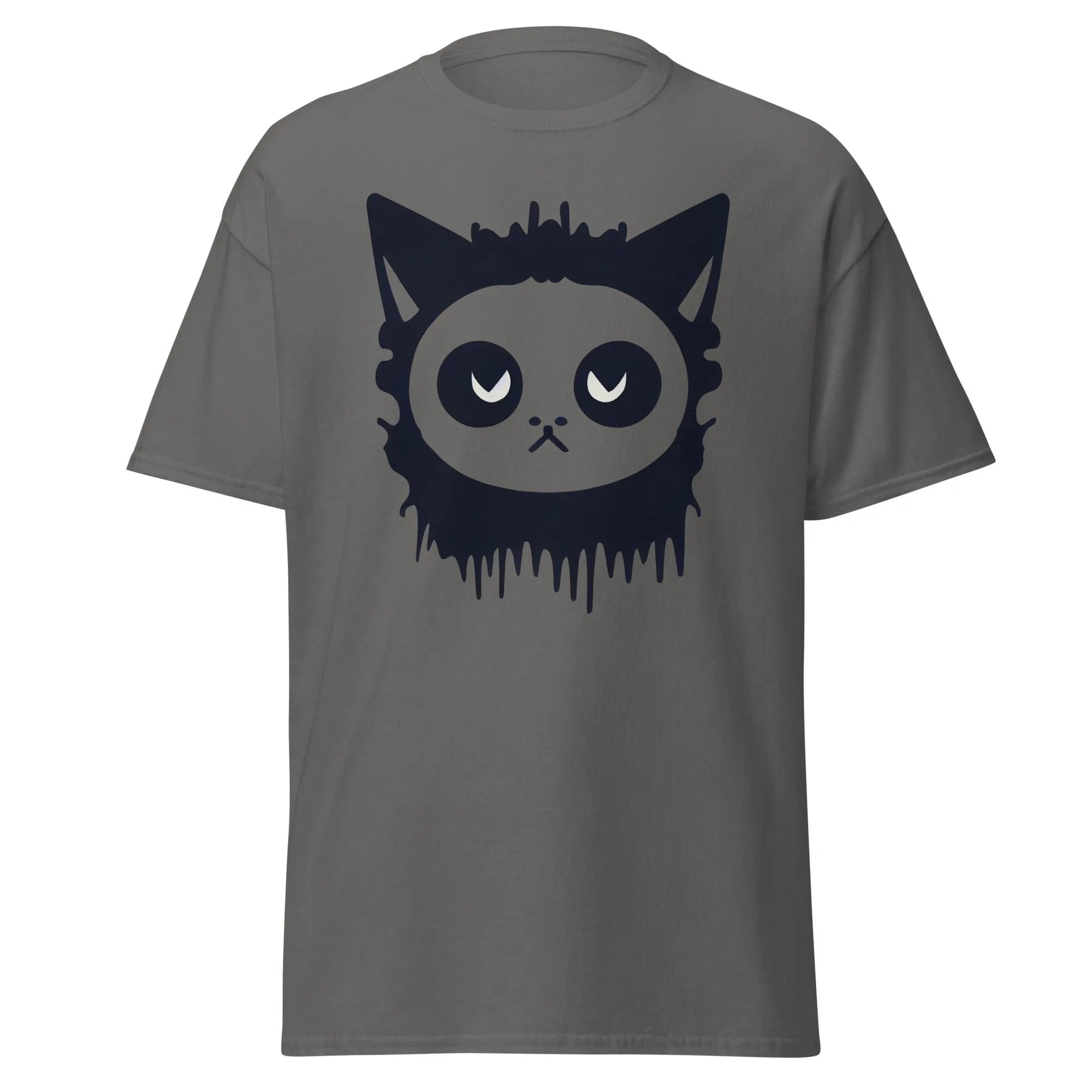Purr-Zombie charcoal Halloween T-shirt featuring a bold black cat face with wide eyes and dripping detail at the bottom.