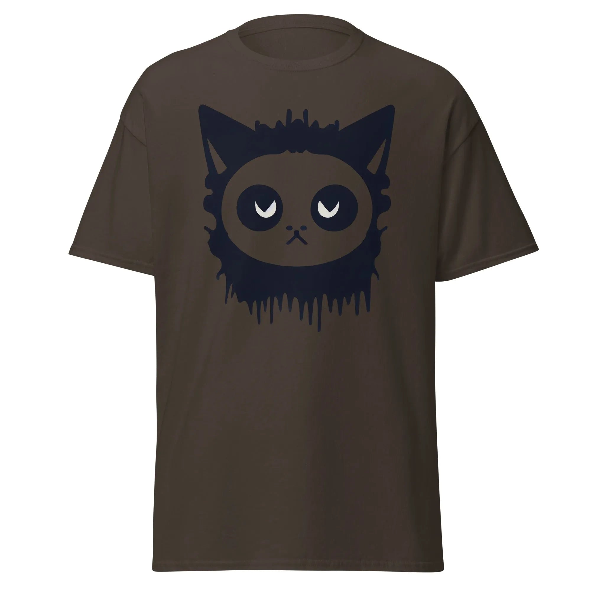 Purr-Zombie chocolate Halloween T-shirt featuring a bold black cat face with wide eyes and dripping detail at the bottom.